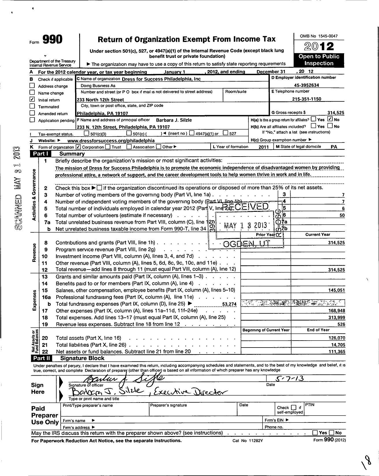 Image of first page of 2012 Form 990O for Dress for Success Philadelphia