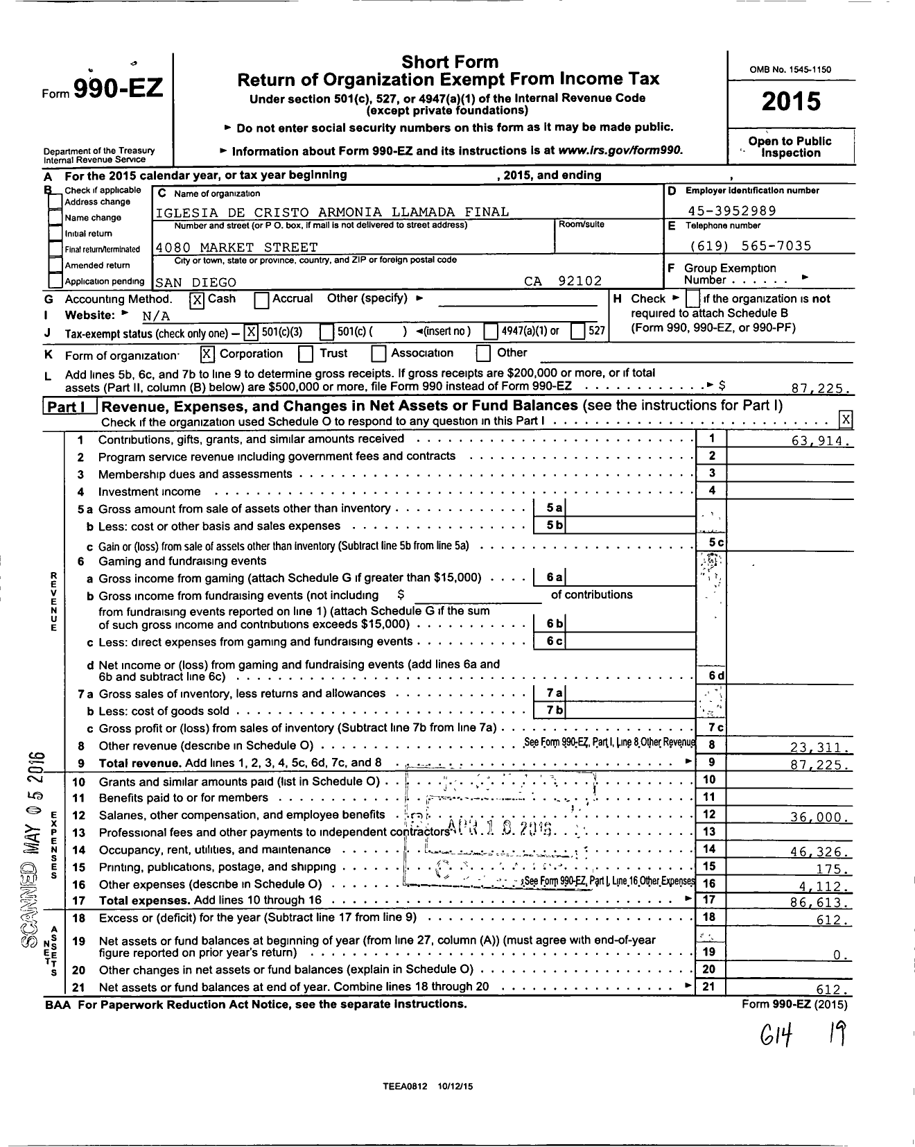 Image of first page of 2015 Form 990EZ for Iglesia de Cristo Armonia Llamada Final