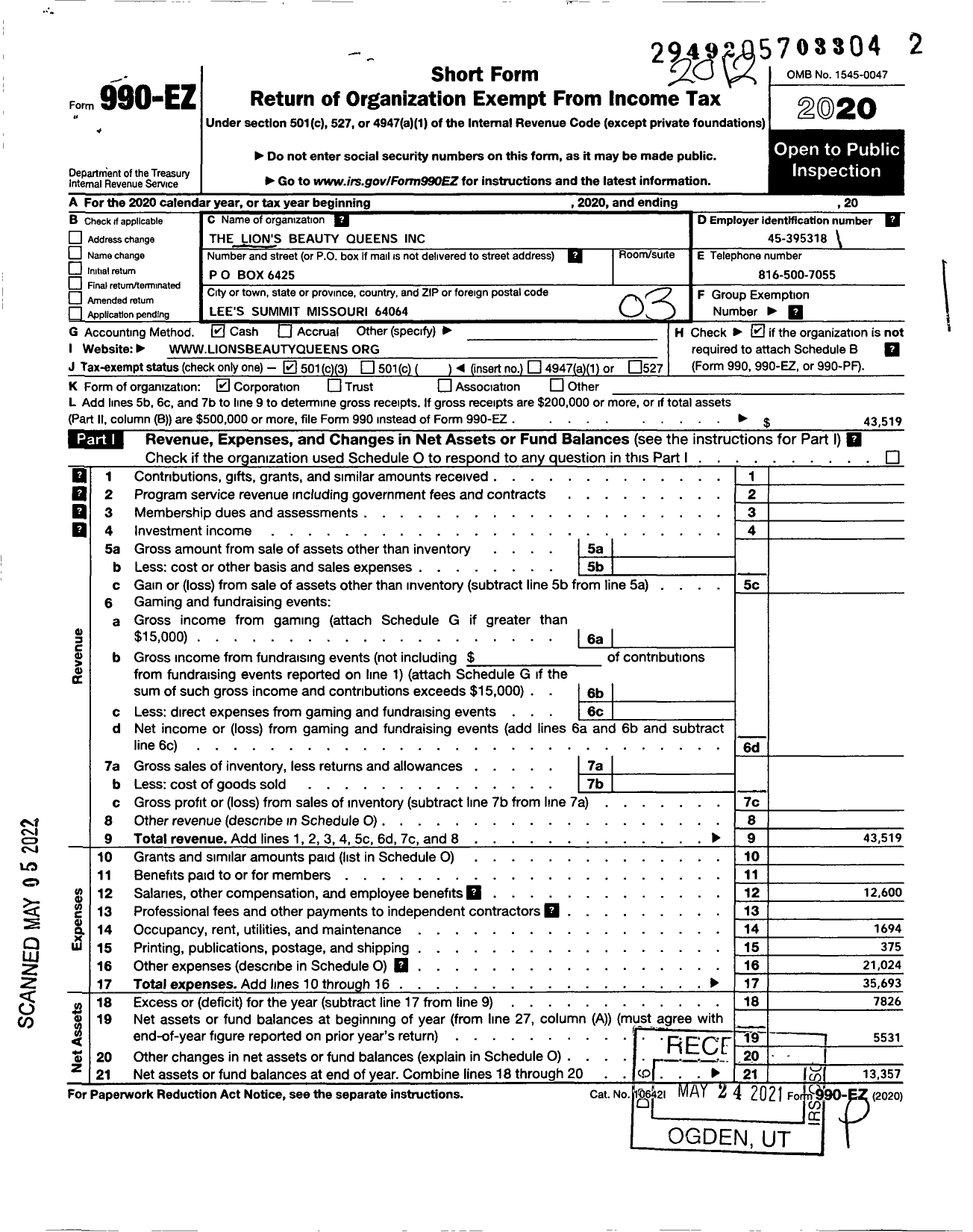 Image of first page of 2020 Form 990EZ for The Lions Beauty Queens