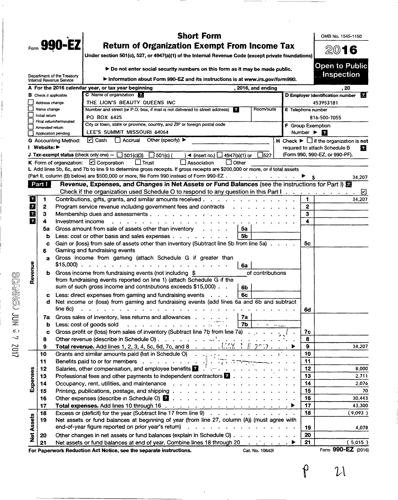 Image of first page of 2016 Form 990EO for The Lions Beauty Queens