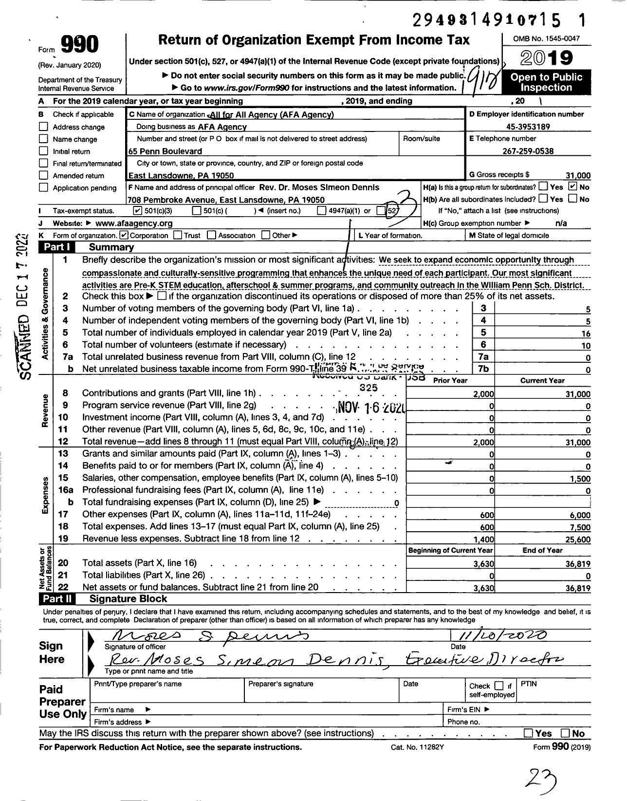 Image of first page of 2019 Form 990 for AFA Agency - All for All Agency