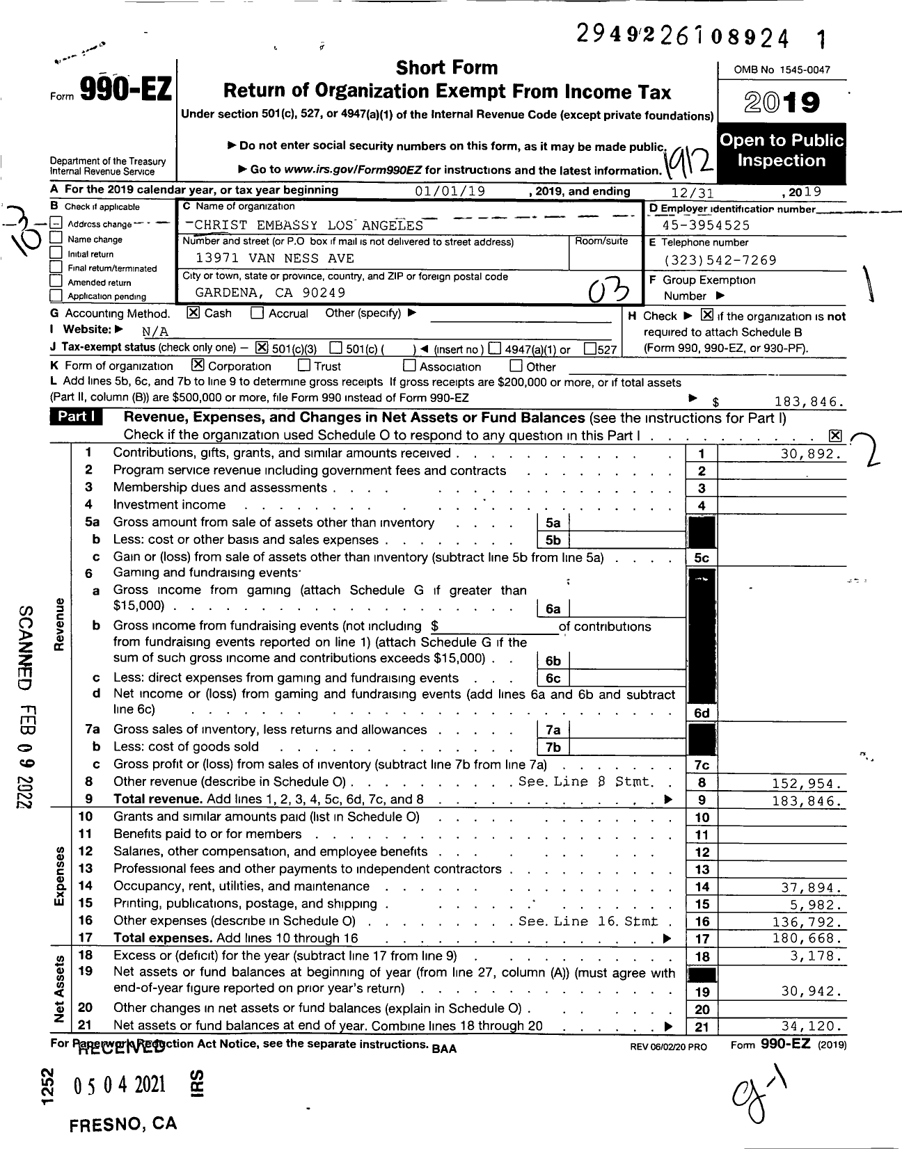 Image of first page of 2019 Form 990EZ for Christ Embassy Los Angeles