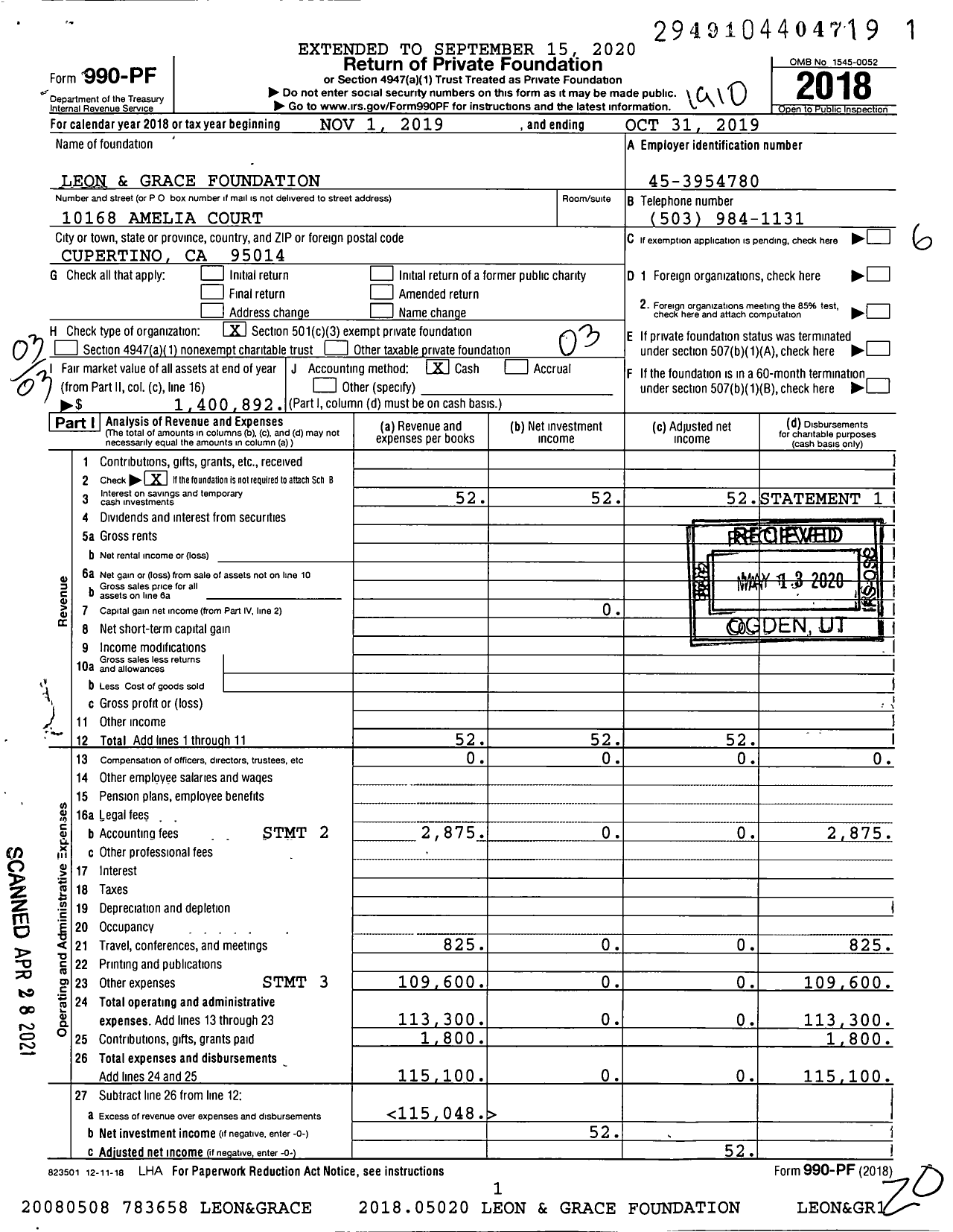 Image of first page of 2018 Form 990PF for Leon and Grace Foundation