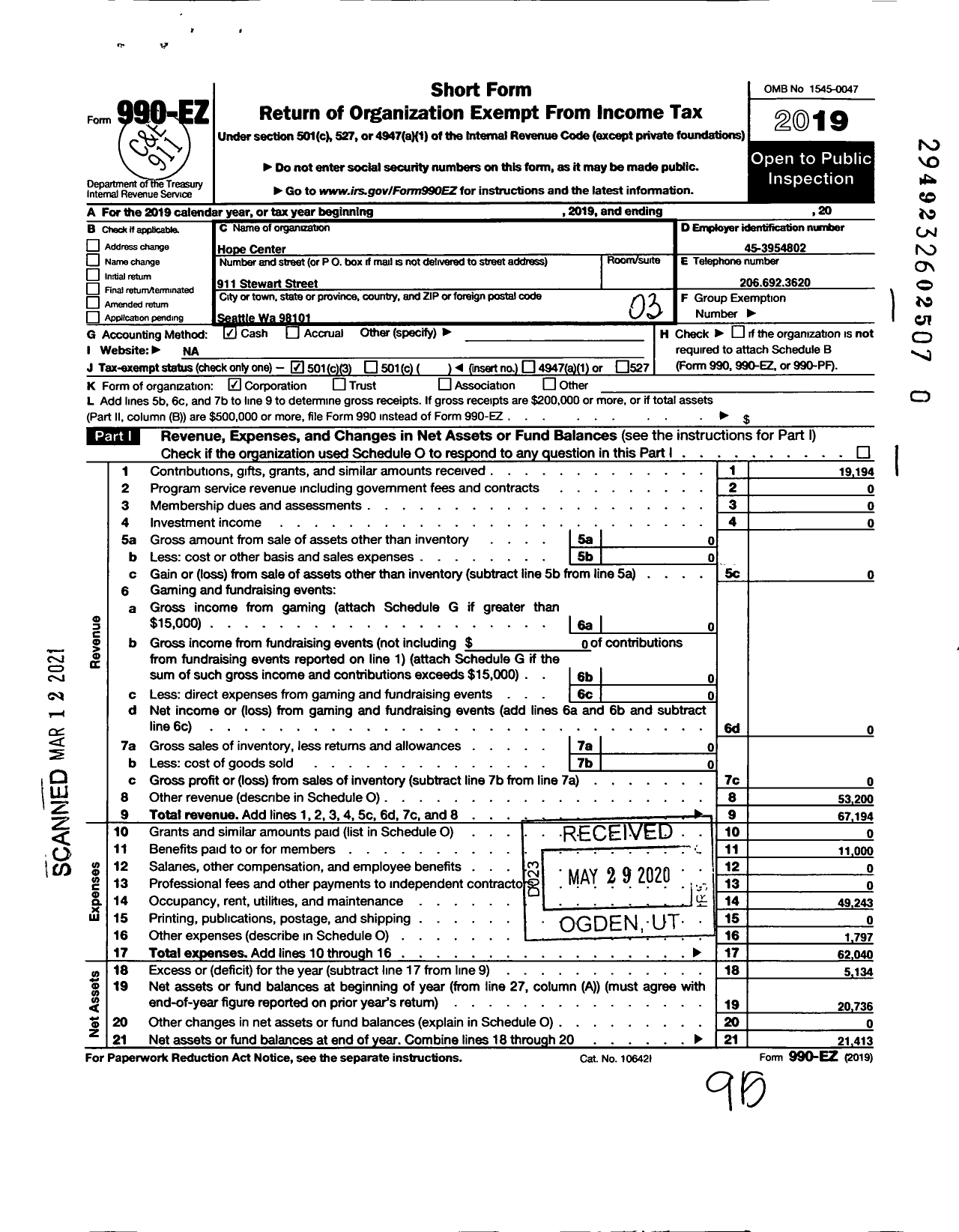 Image of first page of 2019 Form 990EZ for Hope Center