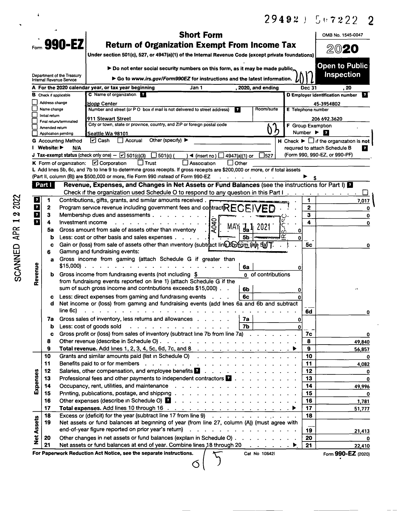 Image of first page of 2020 Form 990EZ for Hope Center