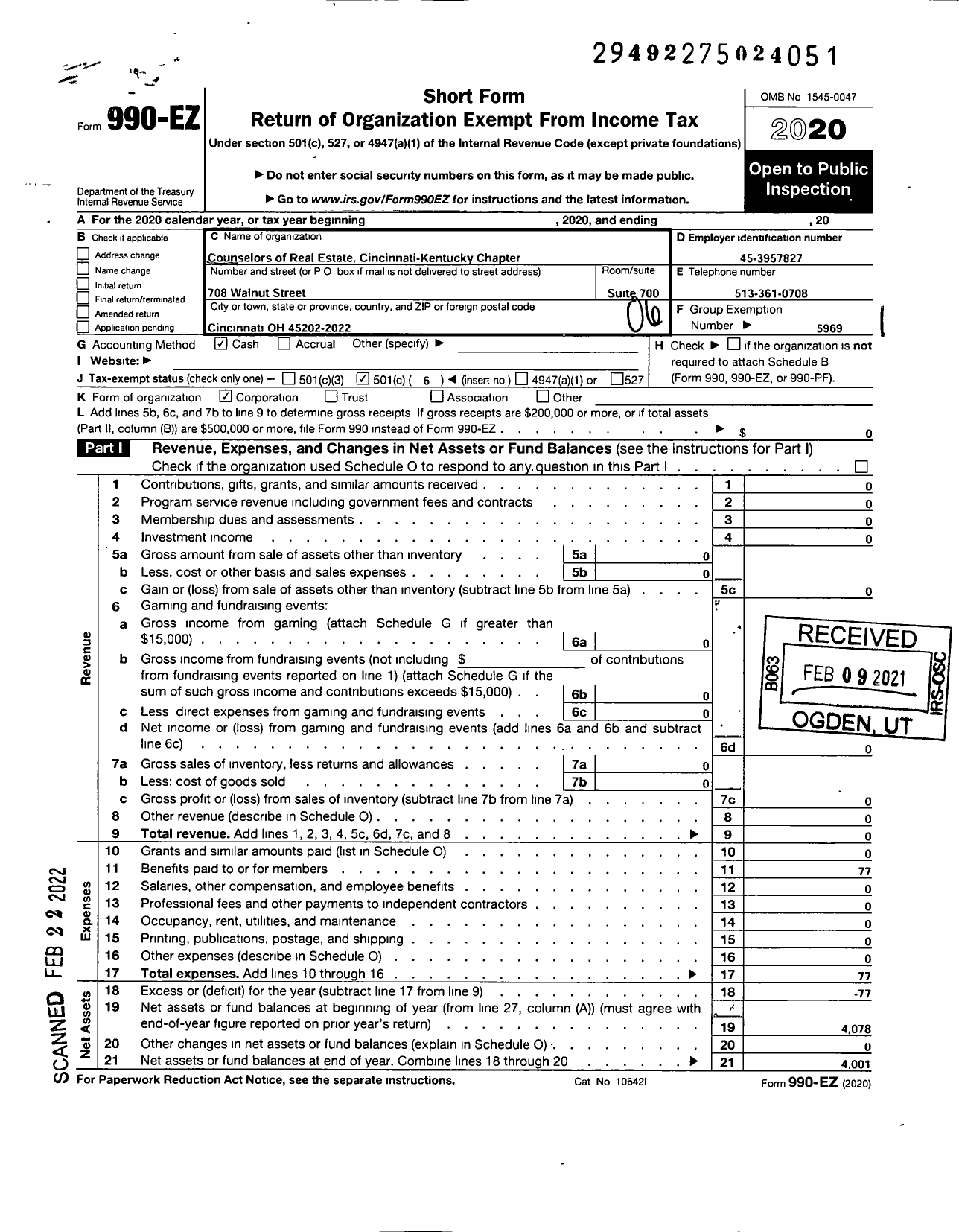 Image of first page of 2020 Form 990EO for Counselors of Real Estate / Cincinnati-Kentucky Chapter