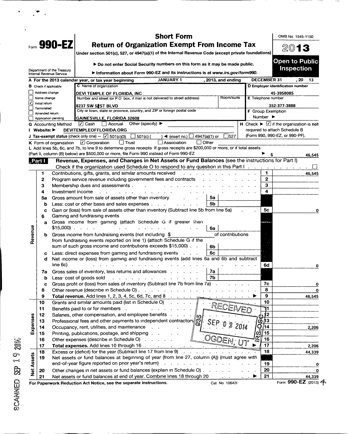 Image of first page of 2013 Form 990EZ for Devi Temple of Florida