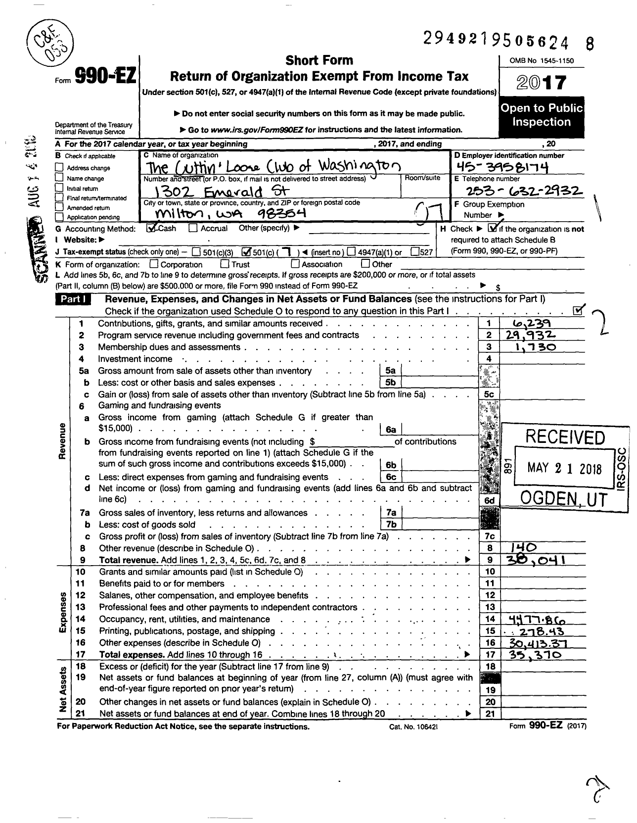 Image of first page of 2017 Form 990EO for Cuttin Loose Club of Washington