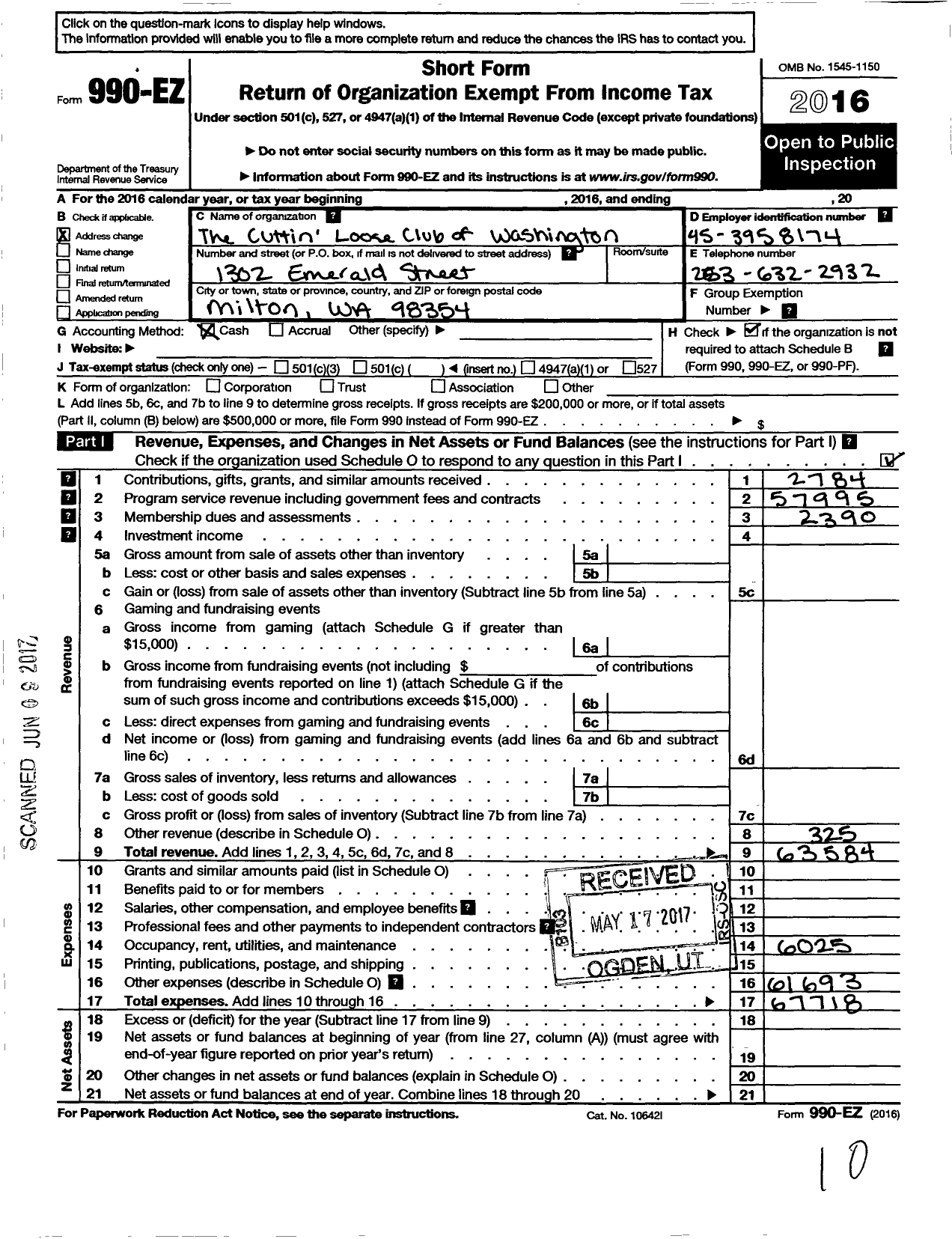 Image of first page of 2016 Form 990EO for Cuttin Loose Club of Washington