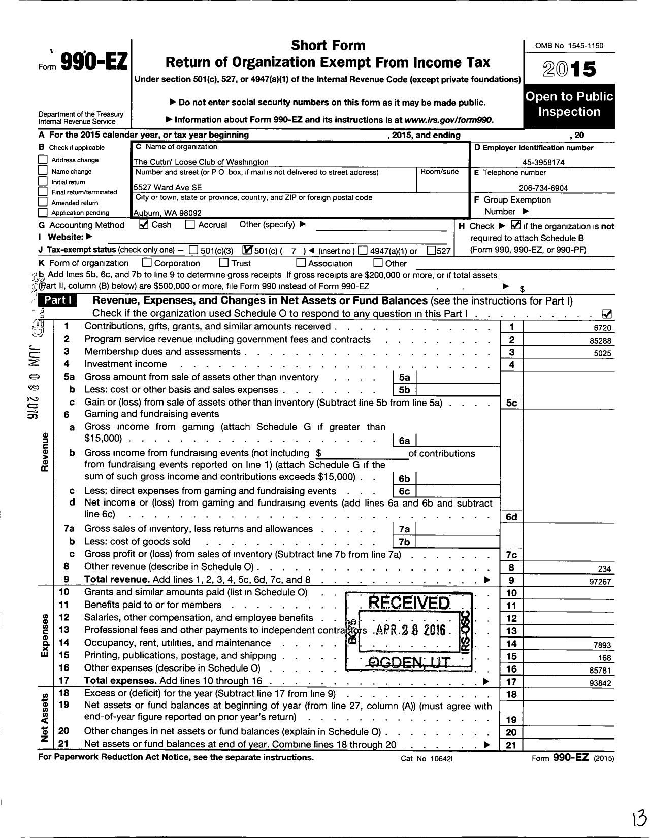 Image of first page of 2015 Form 990EO for Cuttin Loose Club of Washington