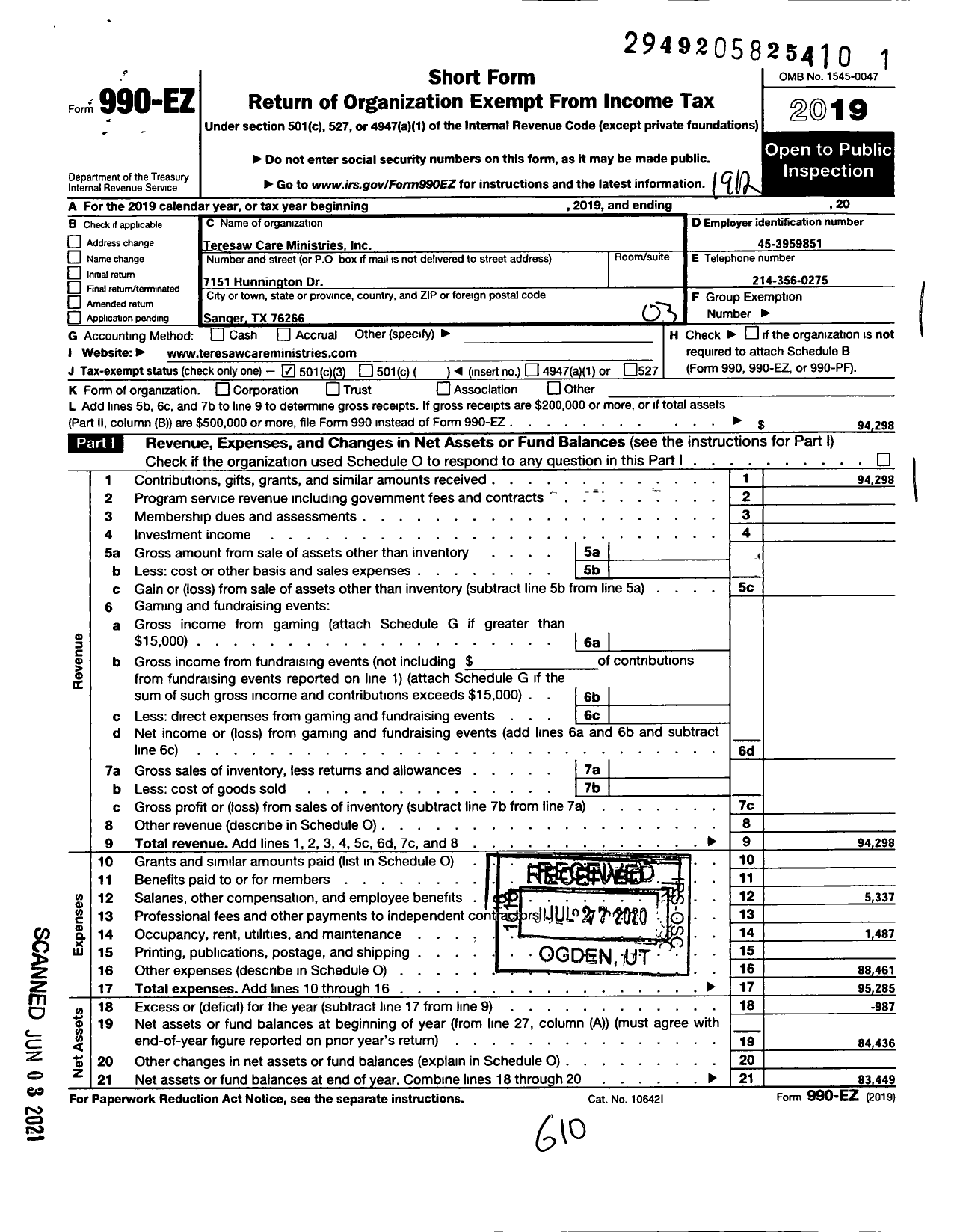 Image of first page of 2019 Form 990EZ for Teresaw Care Ministries