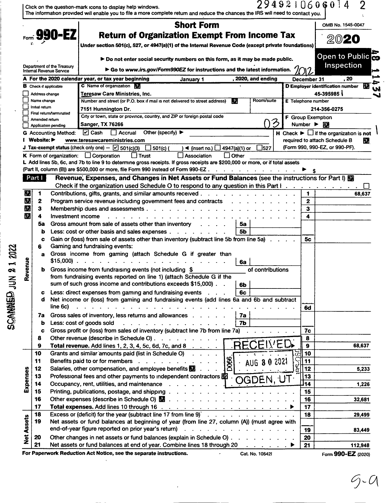 Image of first page of 2020 Form 990EZ for Teresaw Care Ministries