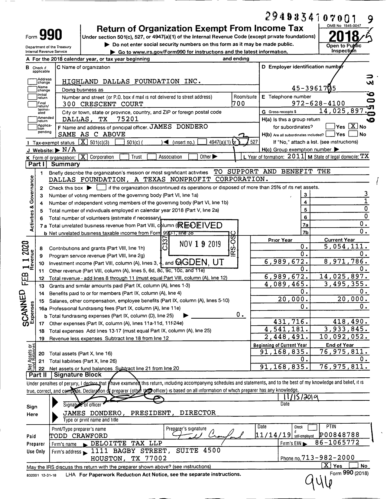 Image of first page of 2018 Form 990 for Highland Dallas Foundation