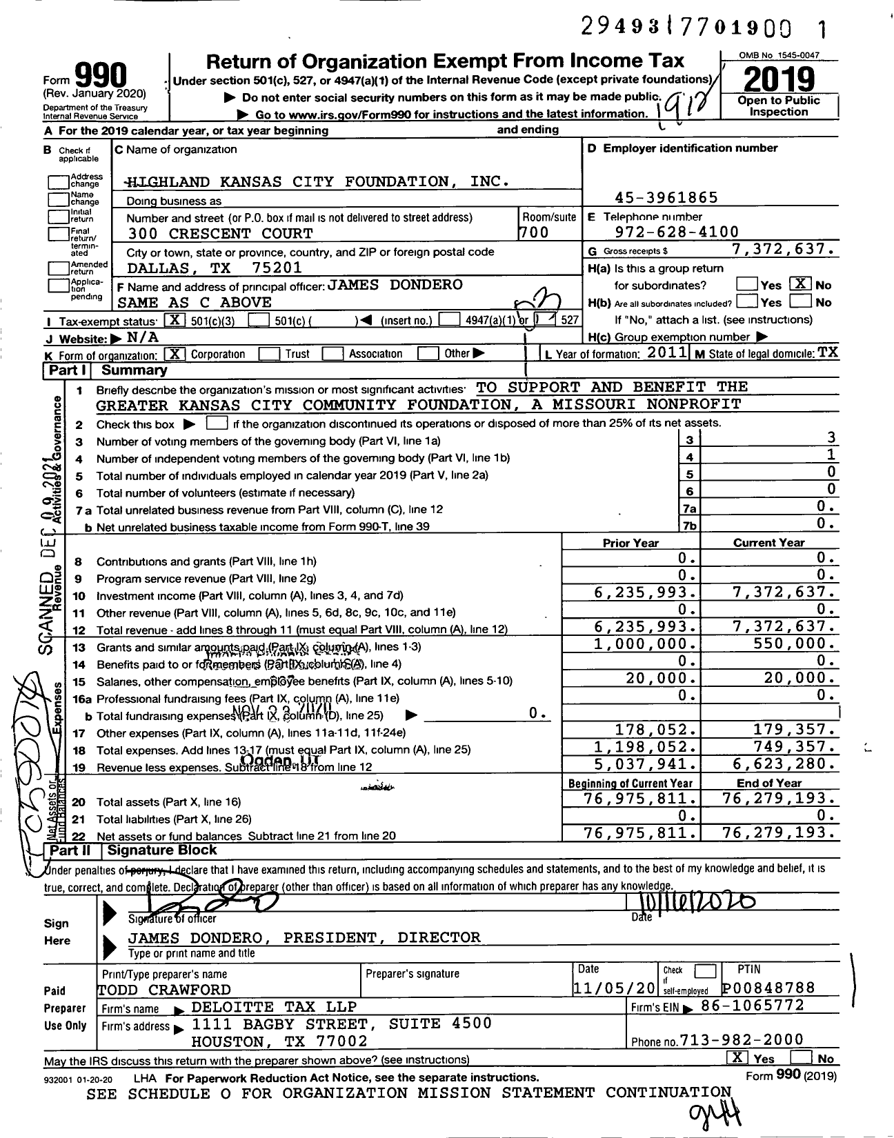 Image of first page of 2019 Form 990 for Highland Kansas City Foundation