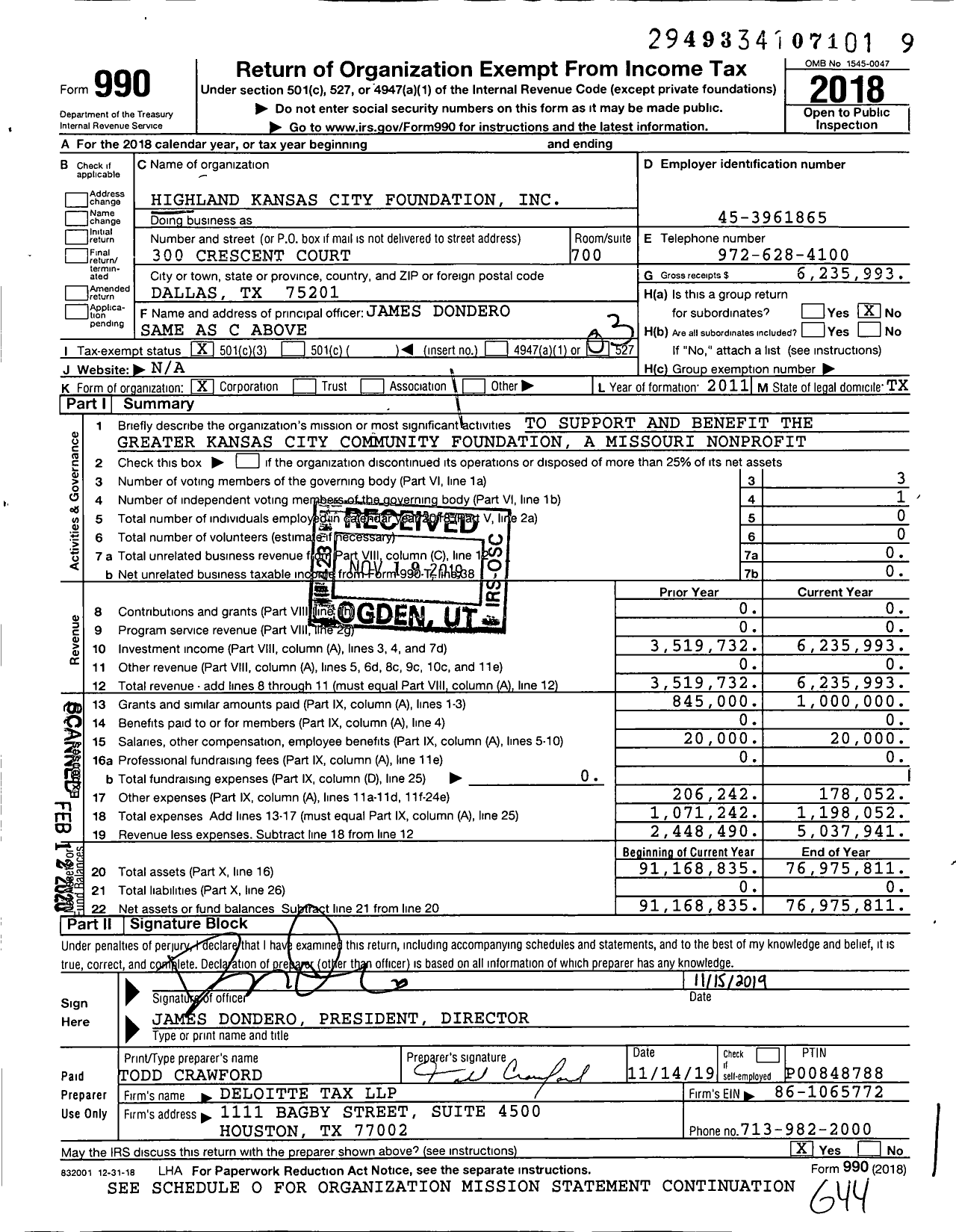 Image of first page of 2018 Form 990 for Highland Kansas City Foundation