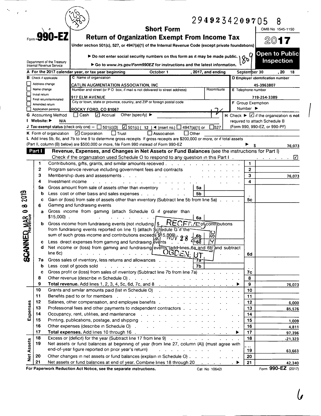 Image of first page of 2017 Form 990EO for Catlin Augmentation Association