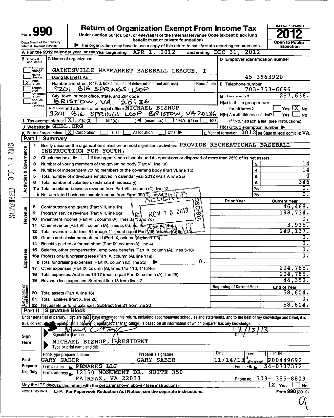 Image of first page of 2012 Form 990 for Gainesville Haymarket Baseball League