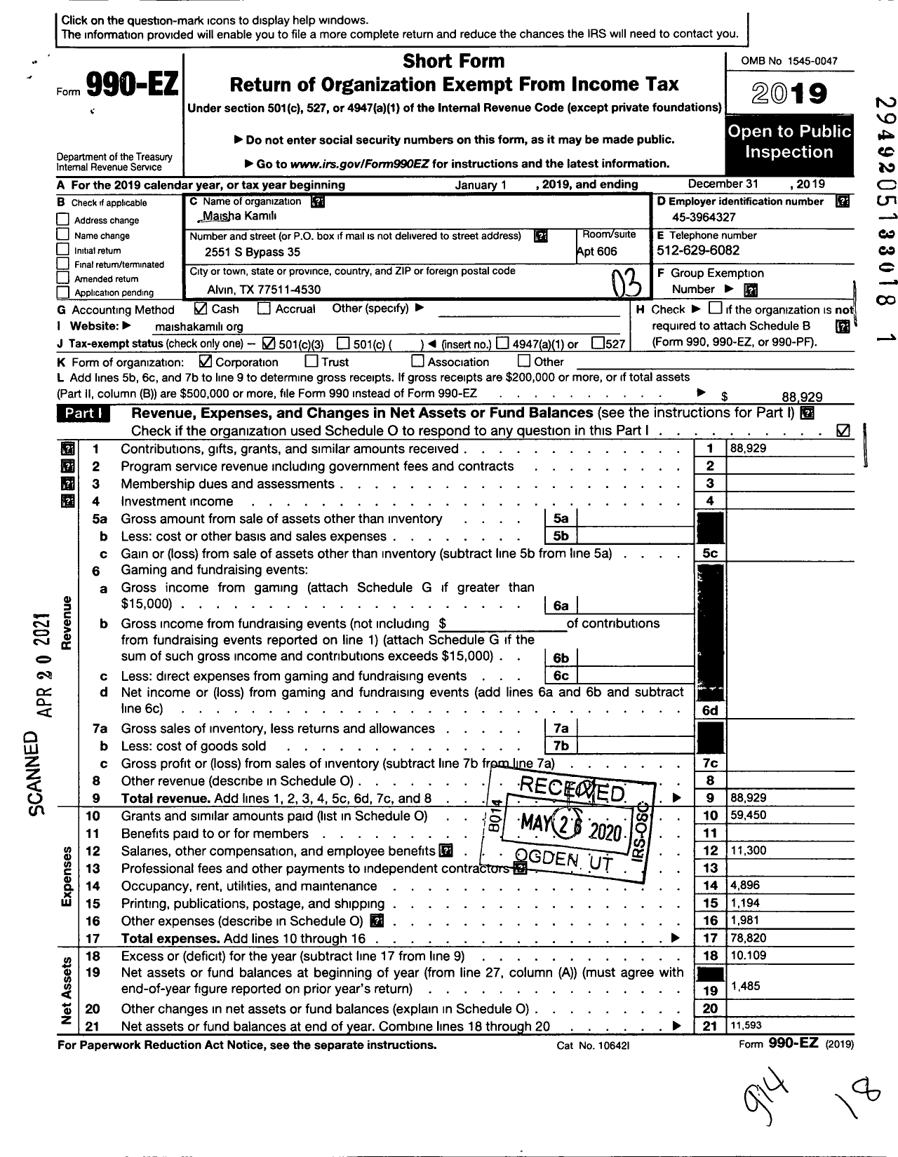 Image of first page of 2019 Form 990EZ for Maisha Kamili