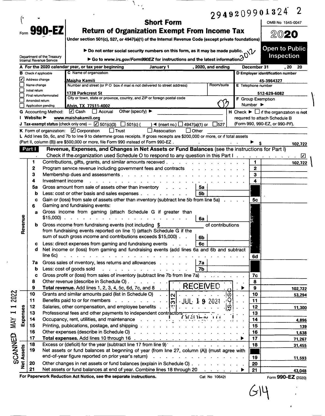 Image of first page of 2020 Form 990EZ for Maisha Kamili