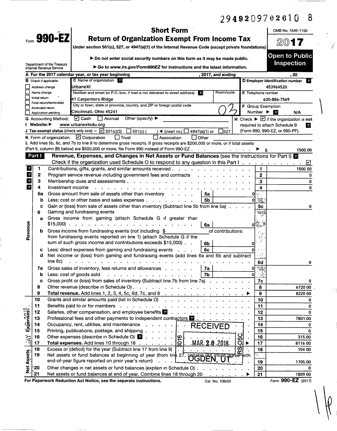 Image of first page of 2017 Form 990EZ for Urbanext