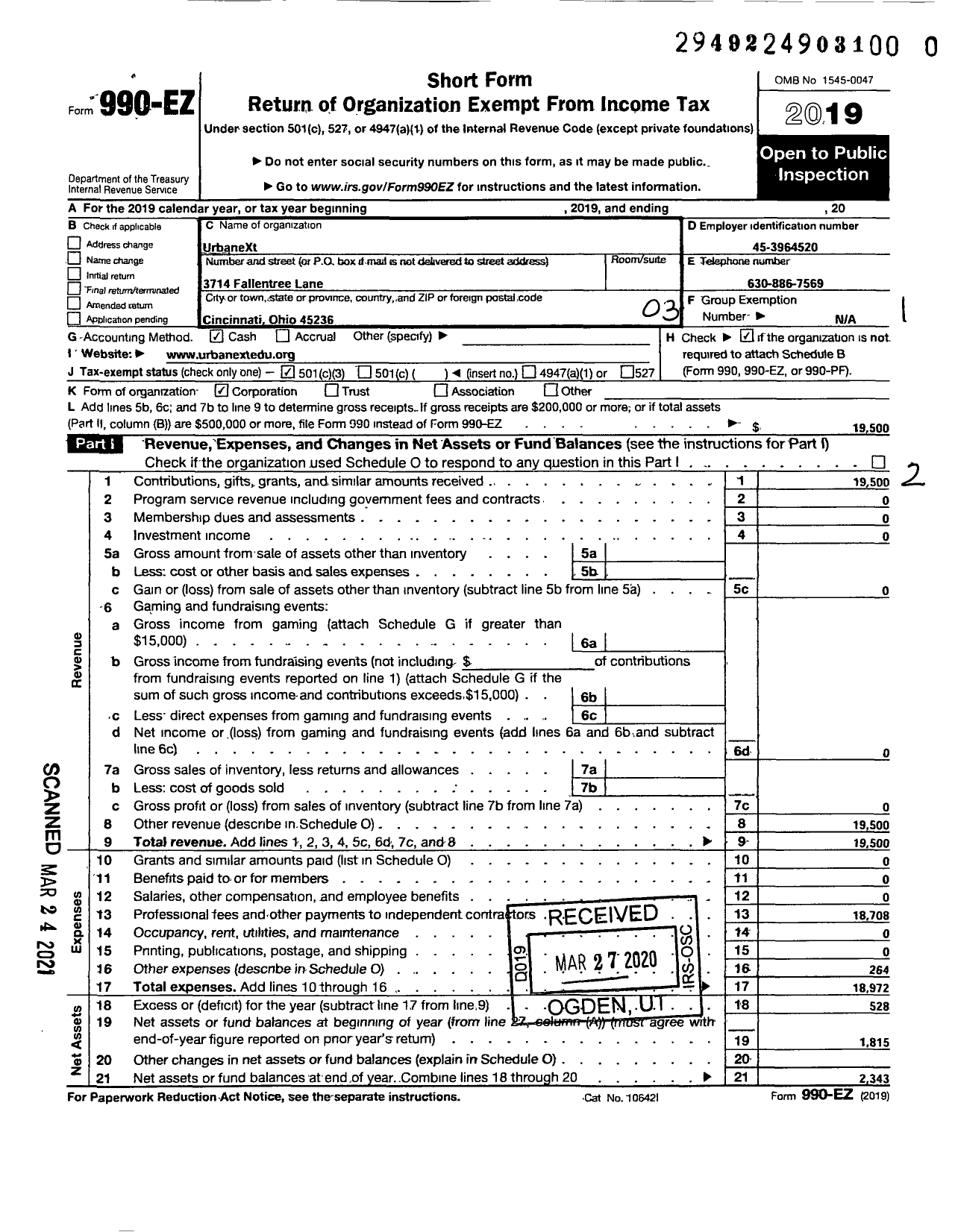 Image of first page of 2019 Form 990EZ for Urbanext