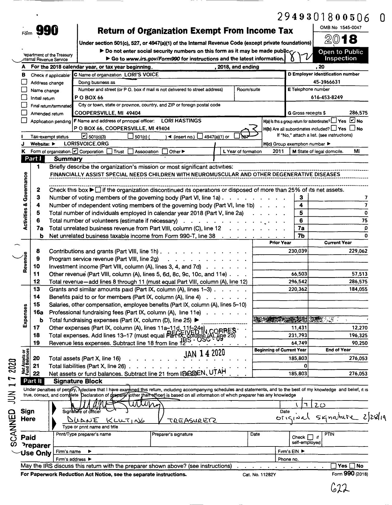 Image of first page of 2018 Form 990 for Lori's Voice