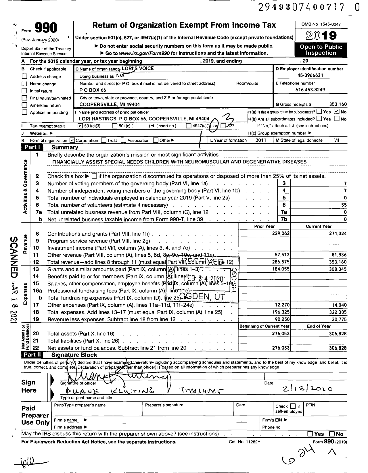 Image of first page of 2019 Form 990 for Lori's Voice