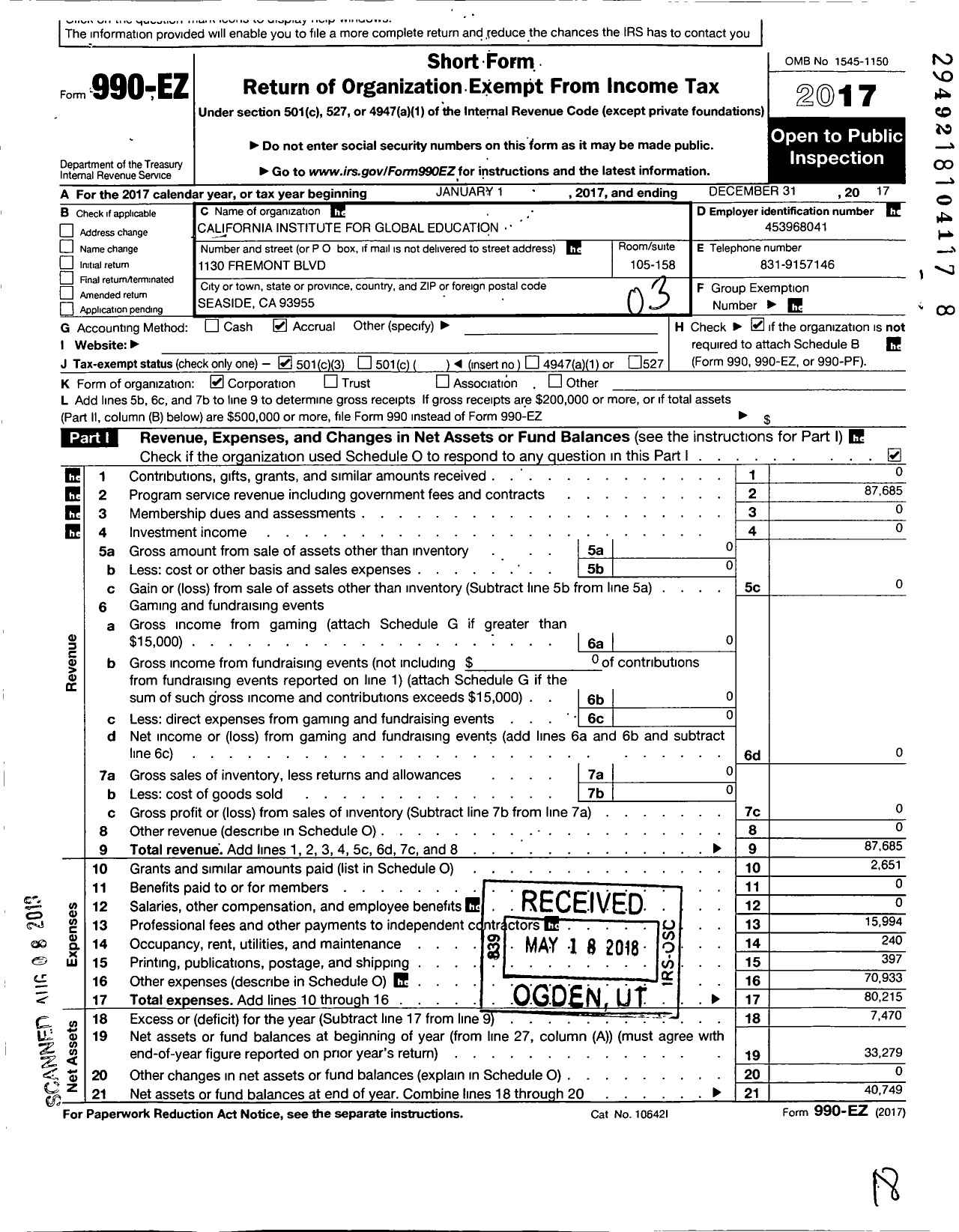 Image of first page of 2017 Form 990EZ for California Institute for Global Education A Non-Profit Corporation