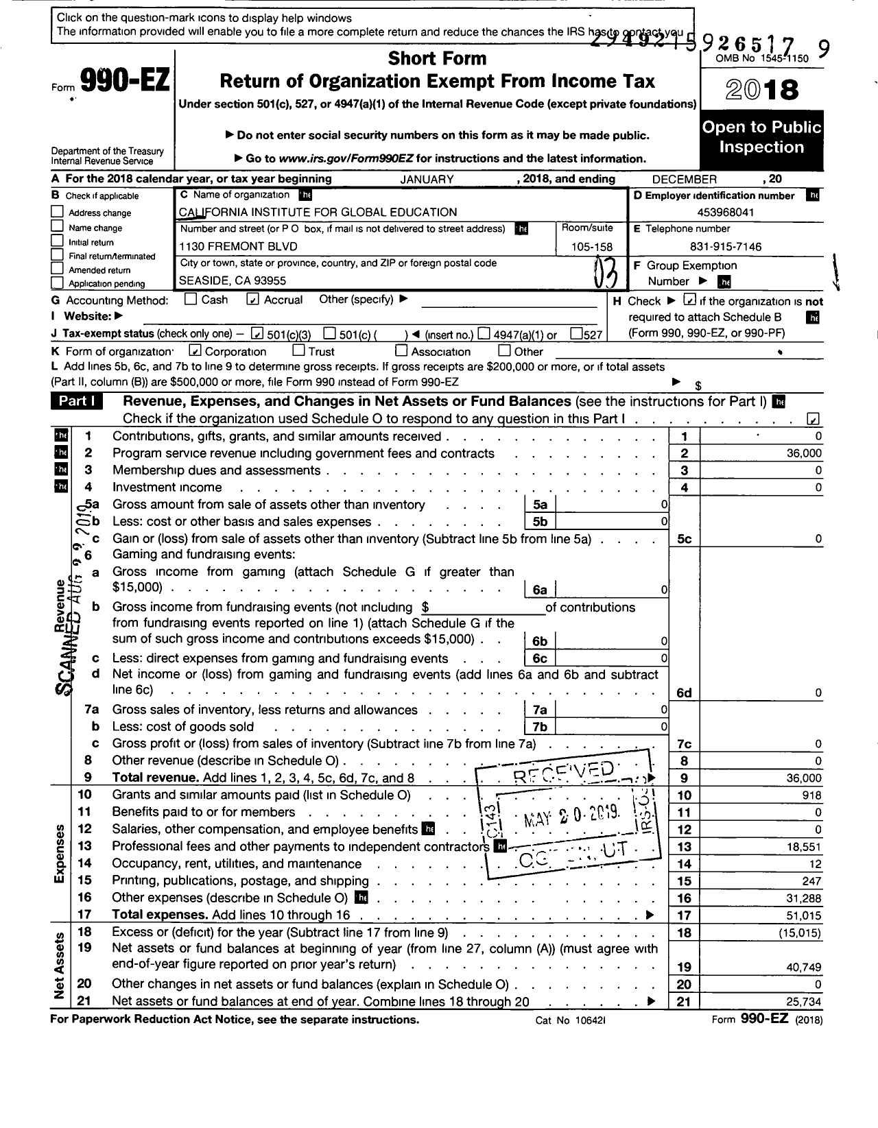 Image of first page of 2018 Form 990EZ for California Institute for Global Education A Non-Profit Corporation