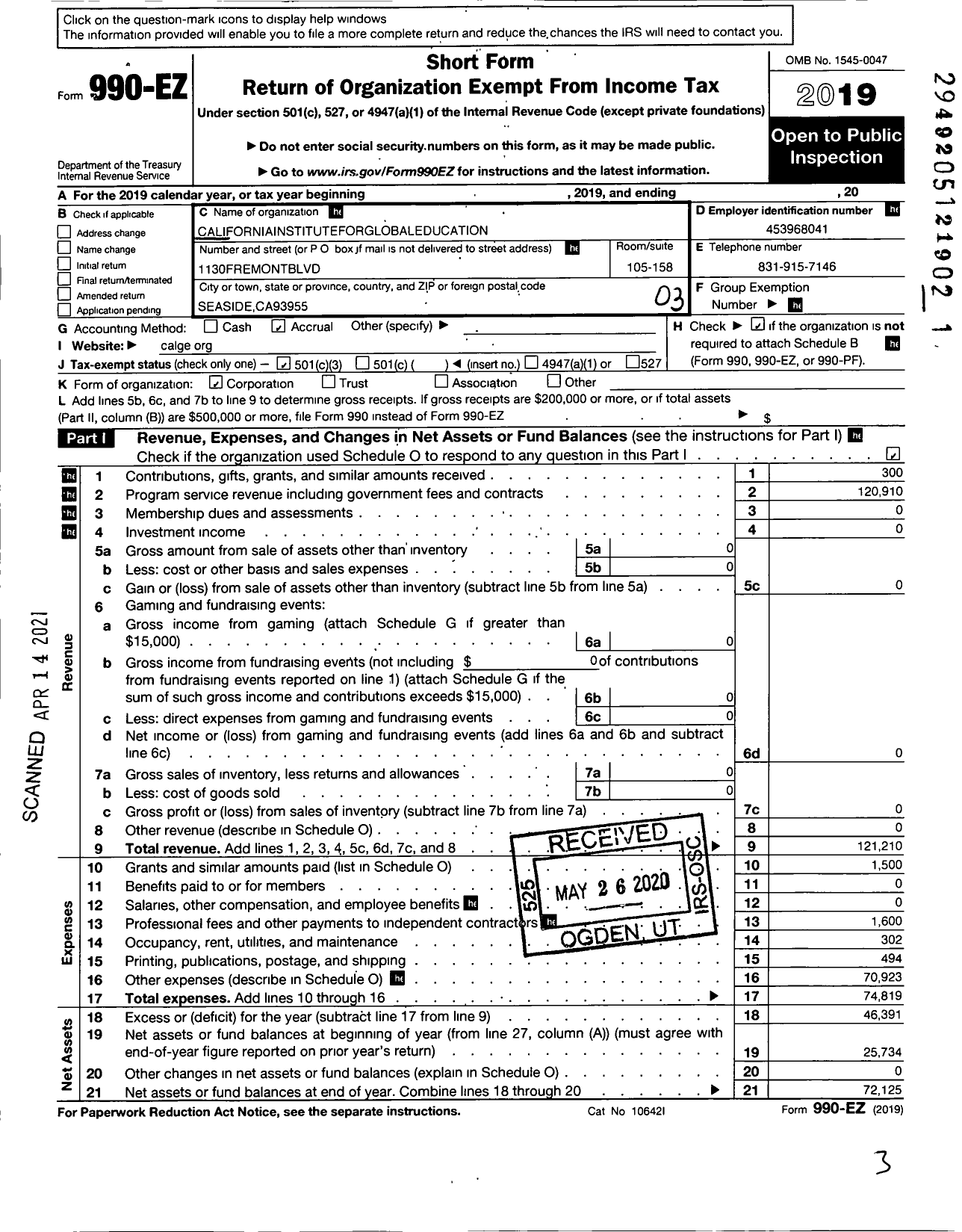 Image of first page of 2019 Form 990EZ for California Institute for Global Education A Non-Profit Corporation