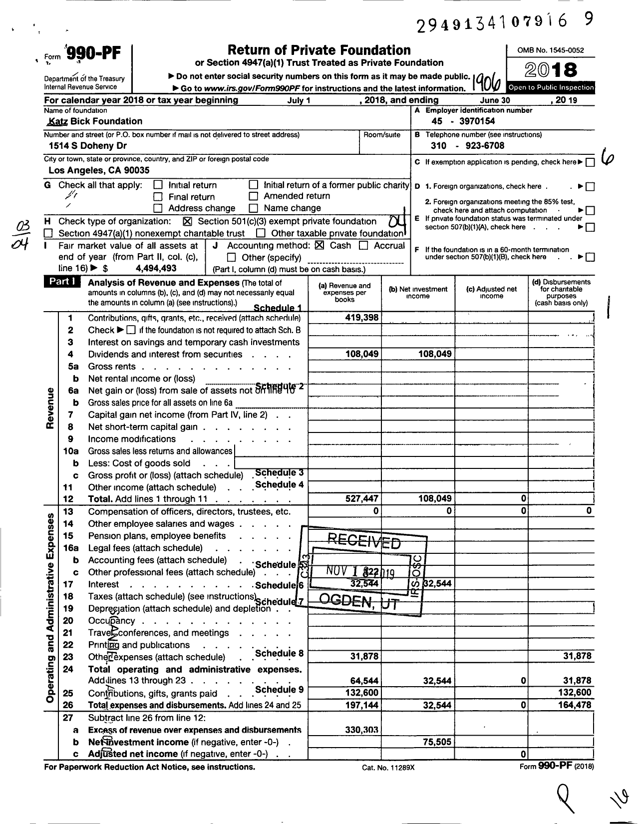 Image of first page of 2018 Form 990PF for Katz Bick Foundation