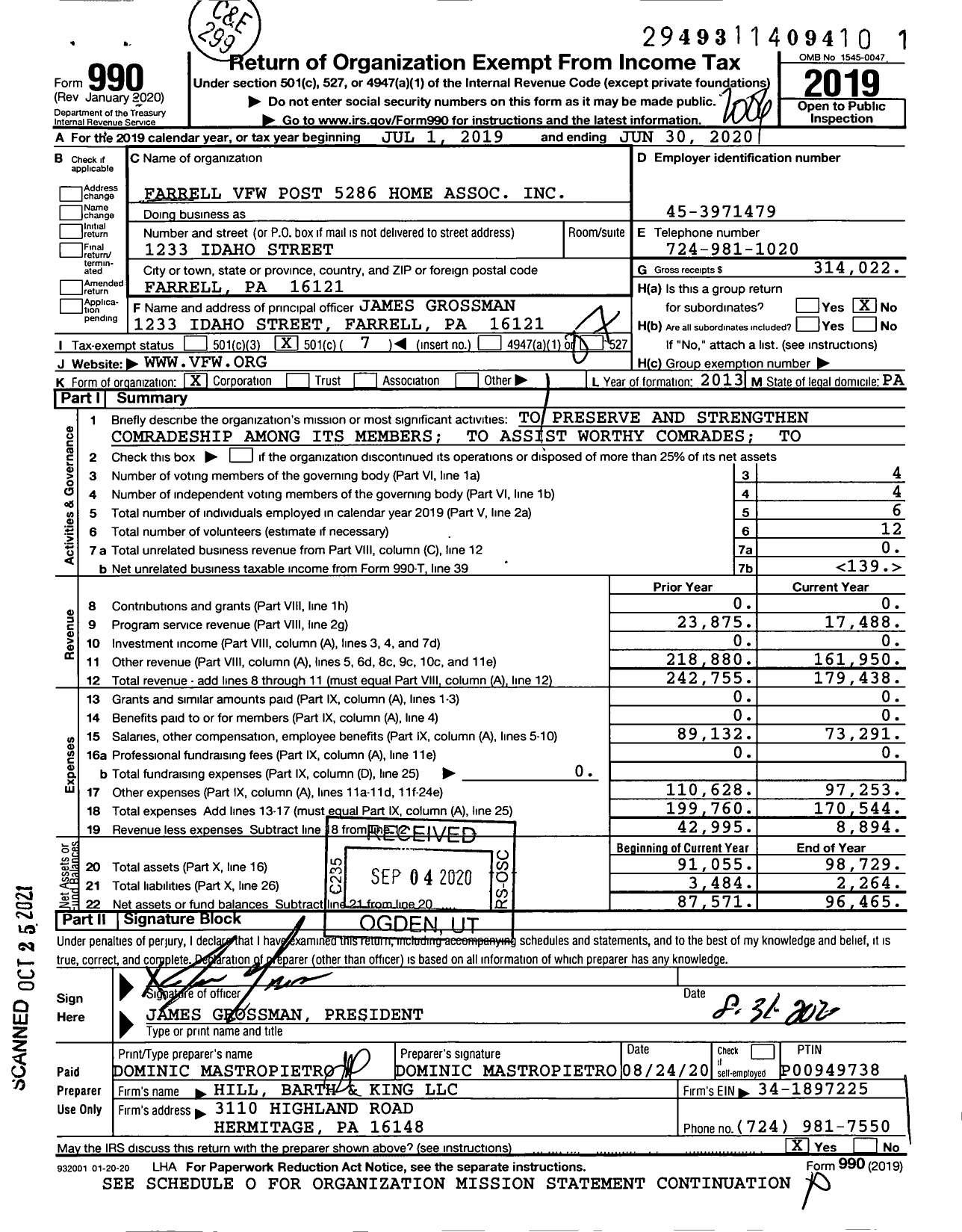 Image of first page of 2019 Form 990O for Farrell VFW Post 5286 Home Association