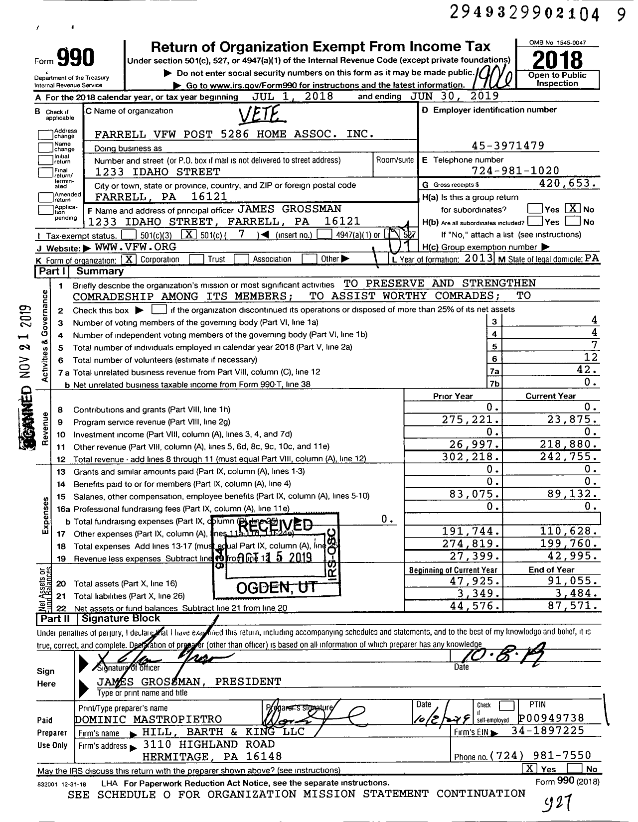 Image of first page of 2018 Form 990O for Farrell VFW Post 5286 Home Association