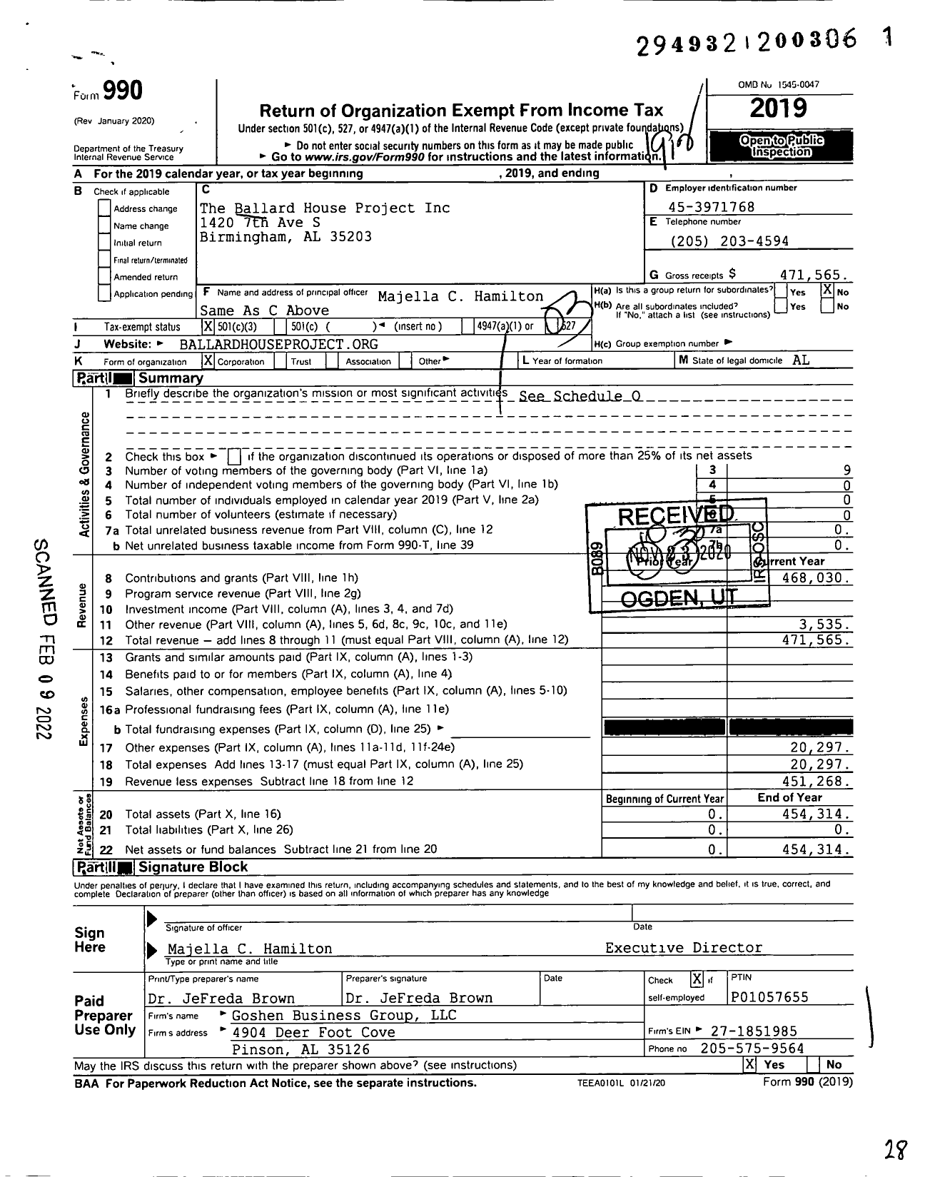 Image of first page of 2019 Form 990 for The Ballard House Project