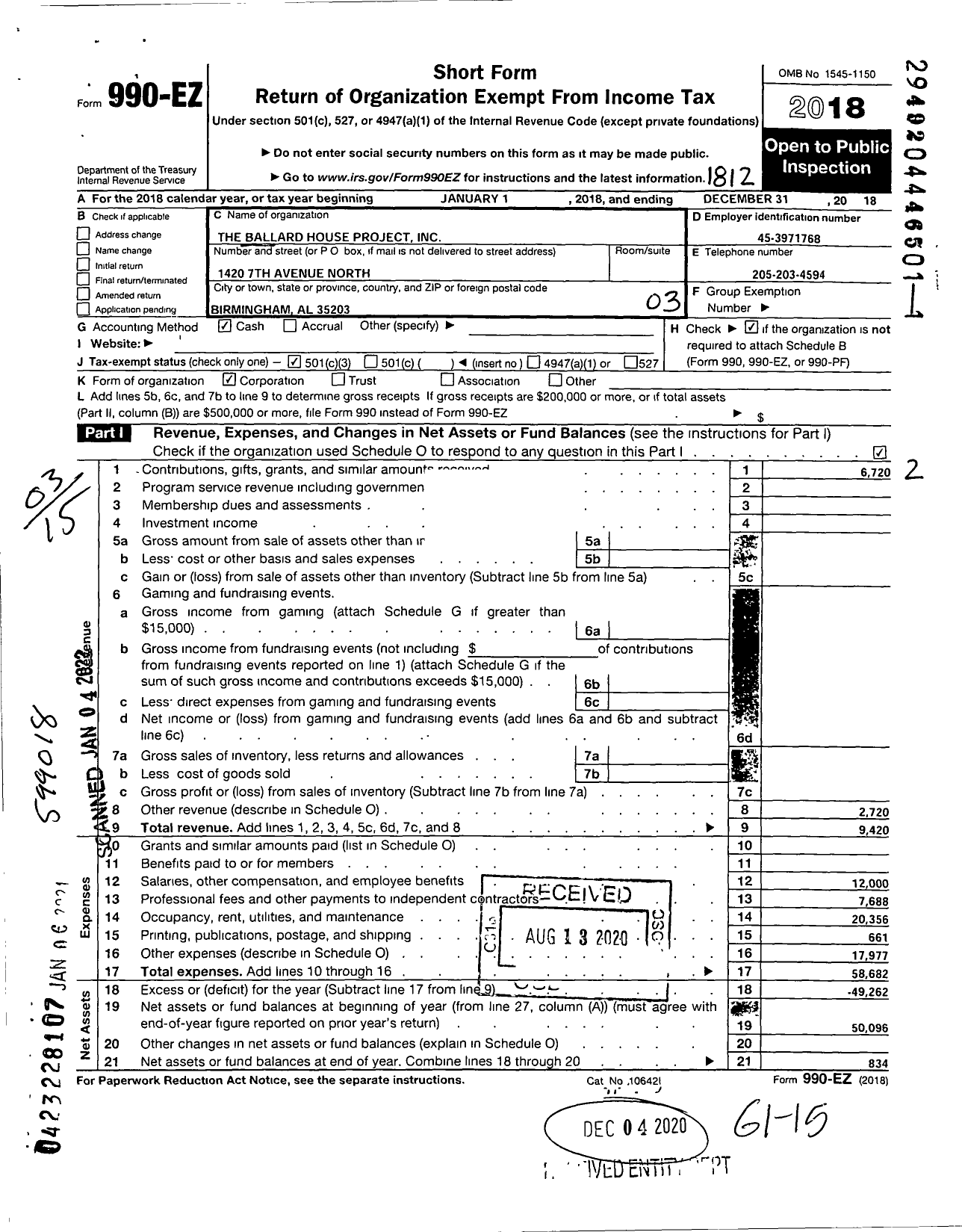 Image of first page of 2018 Form 990EZ for The Ballard House Project