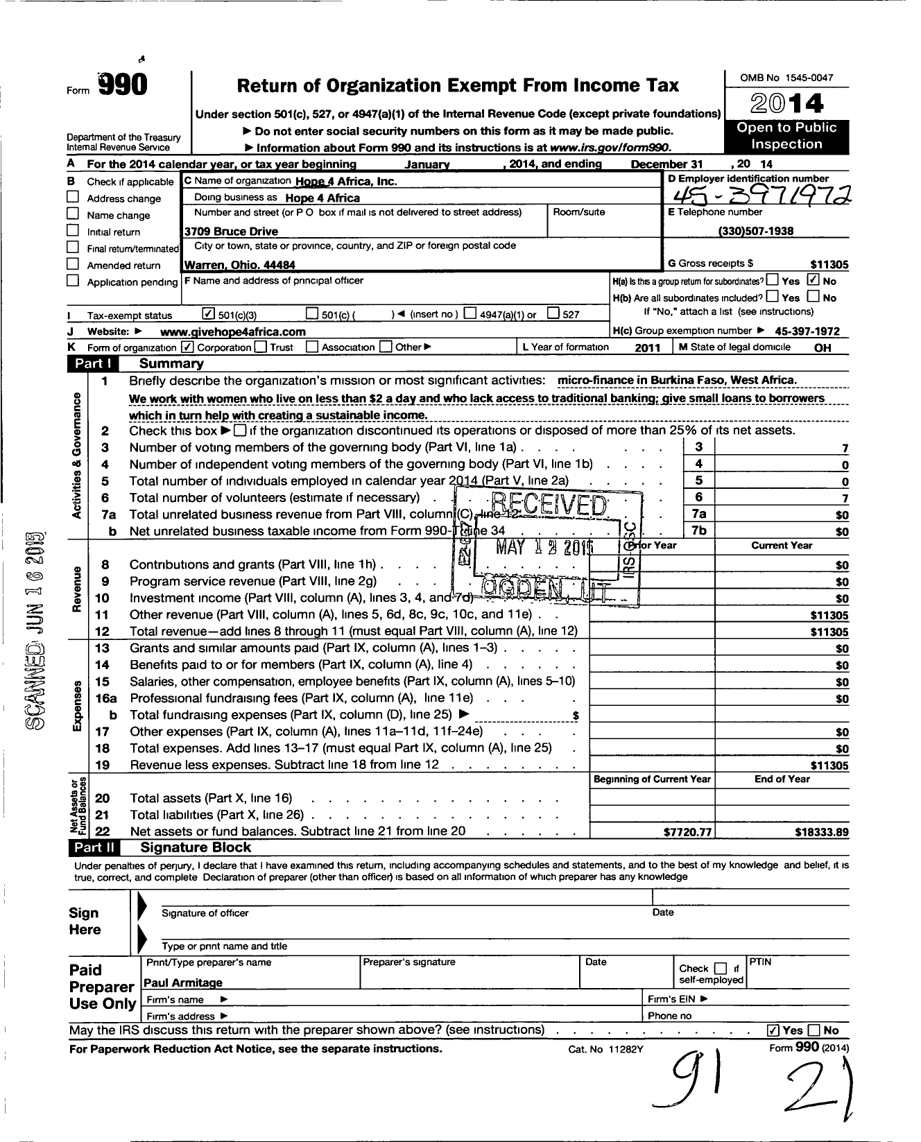 Image of first page of 2014 Form 990 for Hope 4 Africa