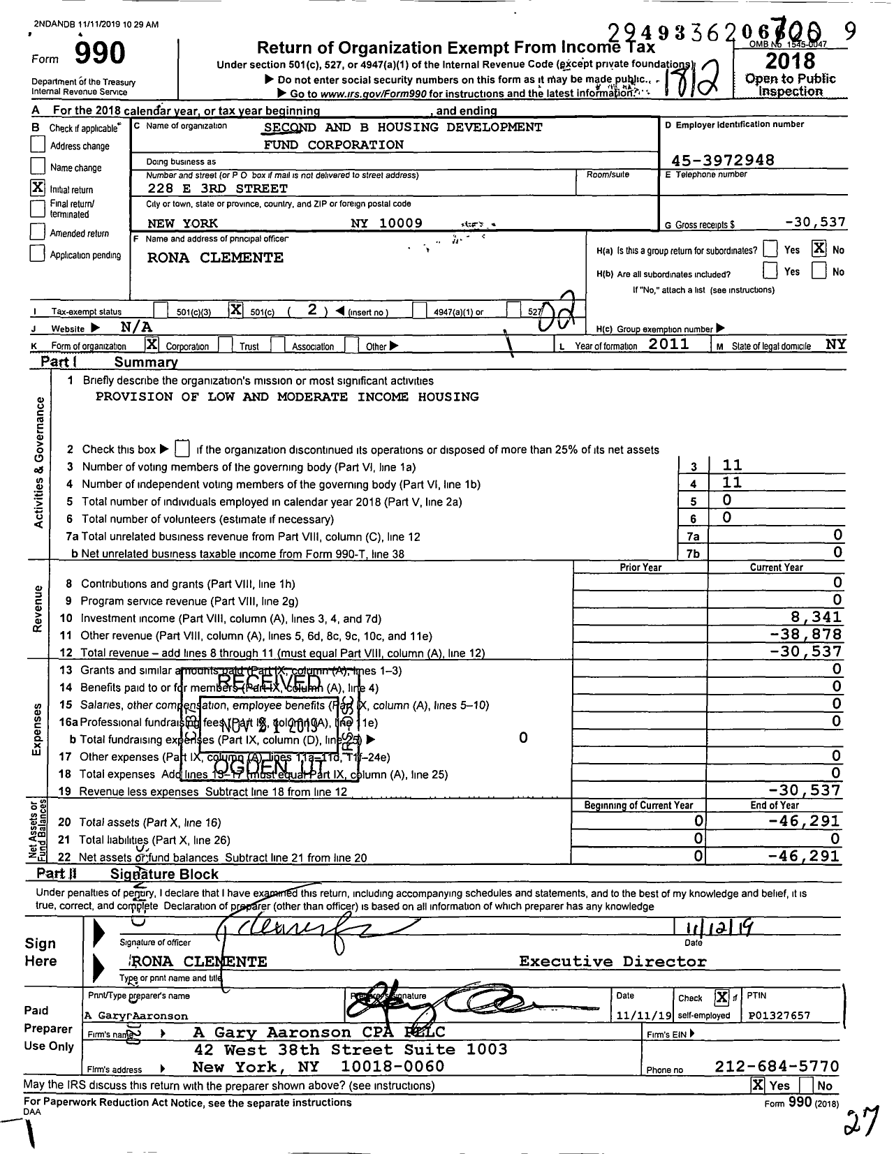 Image of first page of 2018 Form 990O for Second and B Housing Development Fund Corporation