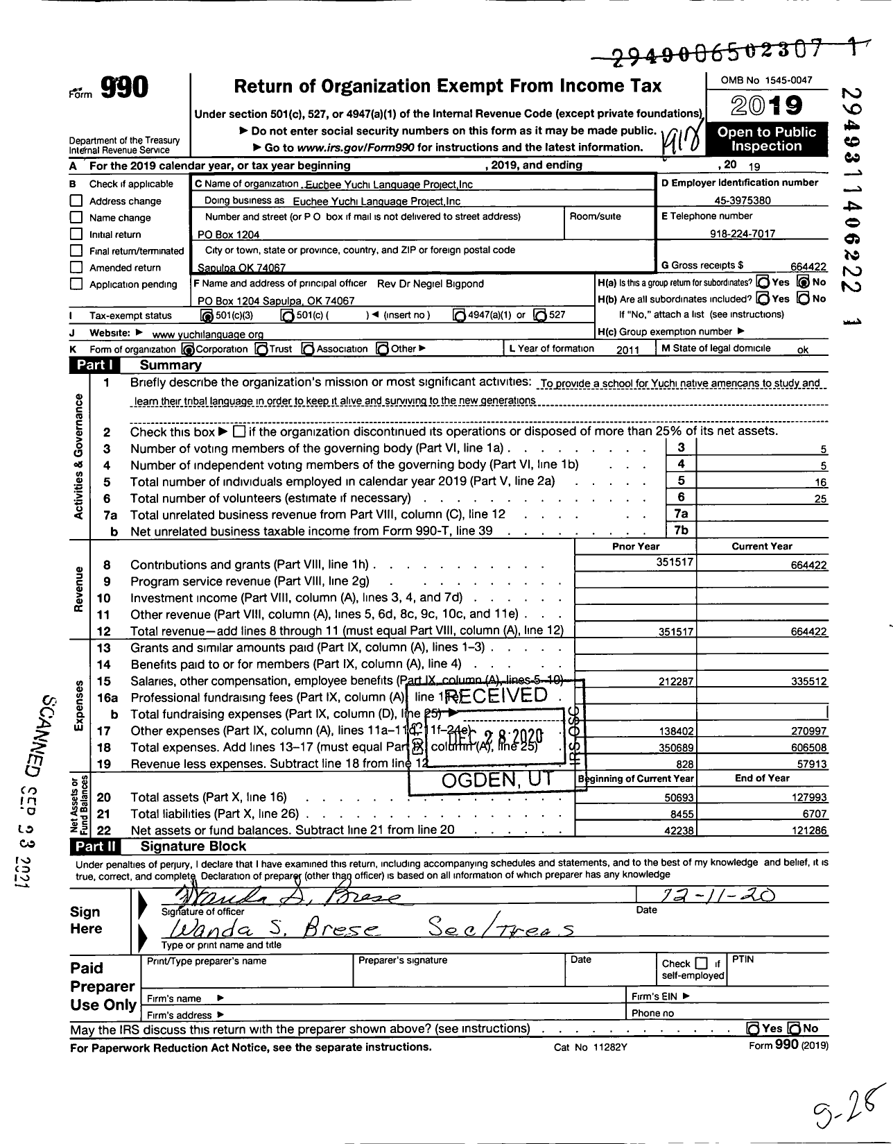 Image of first page of 2019 Form 990 for Euchee Yuchi Language Project