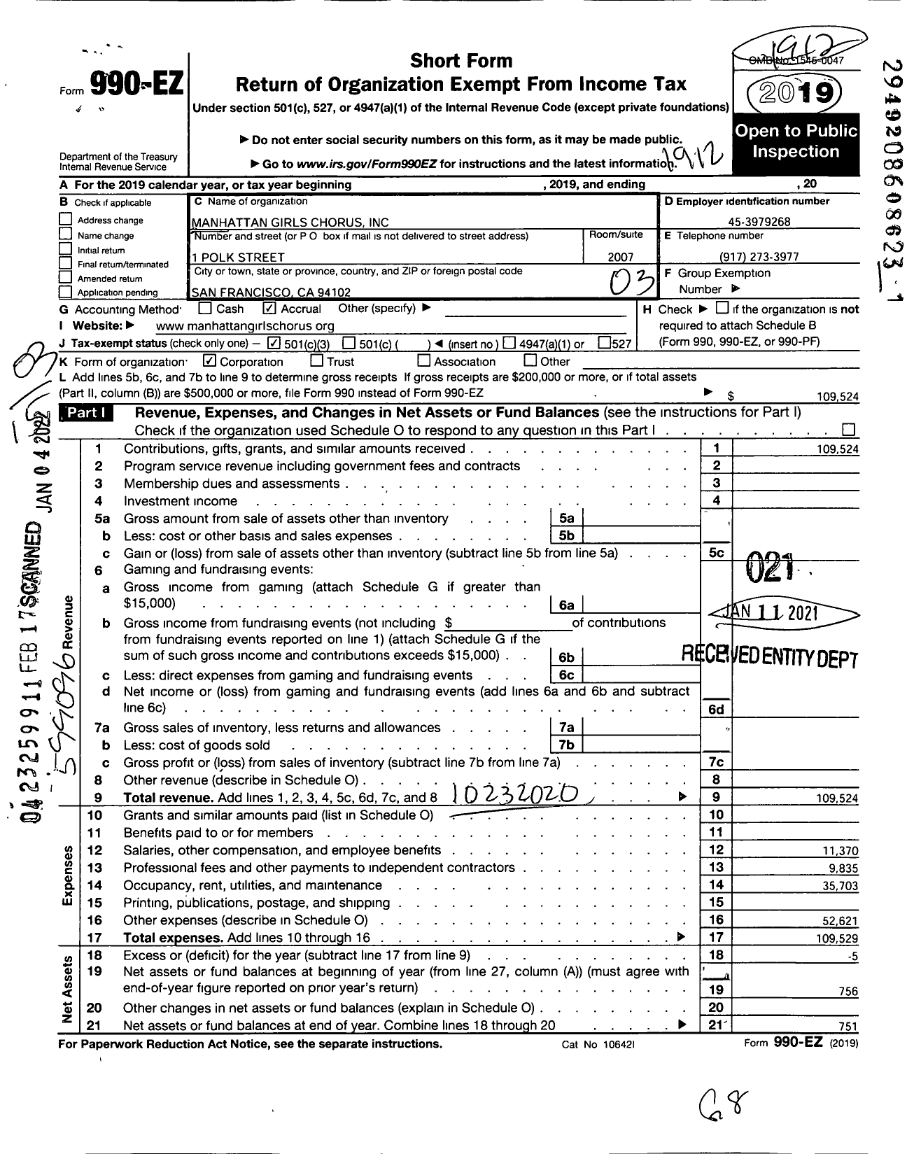 Image of first page of 2019 Form 990EZ for Manhattan Girls Chorus