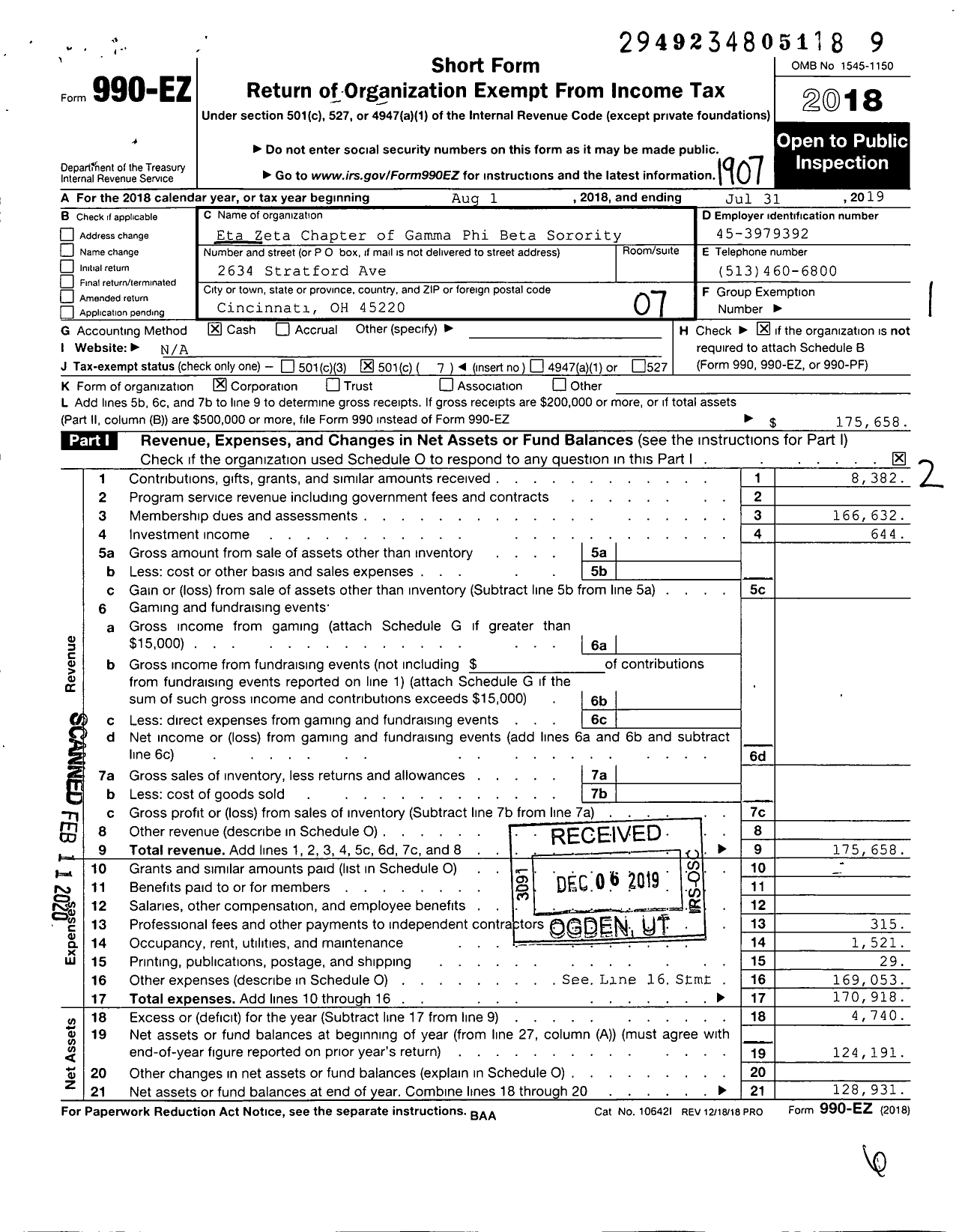 Image of first page of 2018 Form 990EO for Gamma Phi Beta Sorority - Eta Zeta Chapter