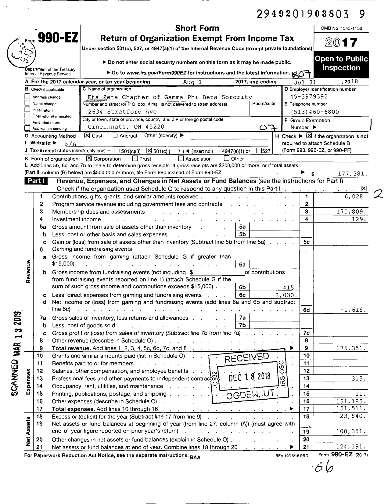 Image of first page of 2017 Form 990EO for Gamma Phi Beta Sorority - Eta Zeta Chapter