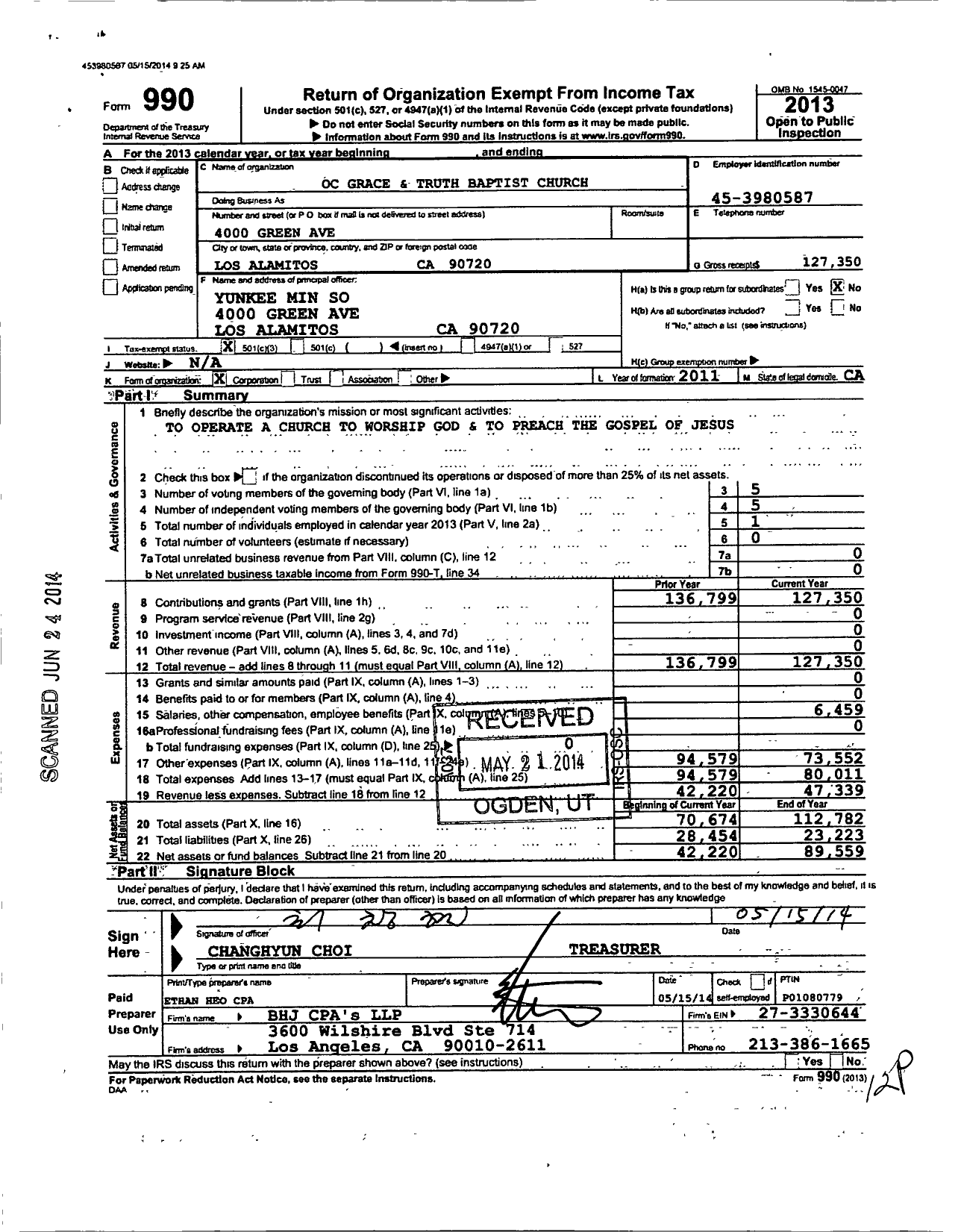 Image of first page of 2013 Form 990 for Oc Grace and Truth Baptist Church