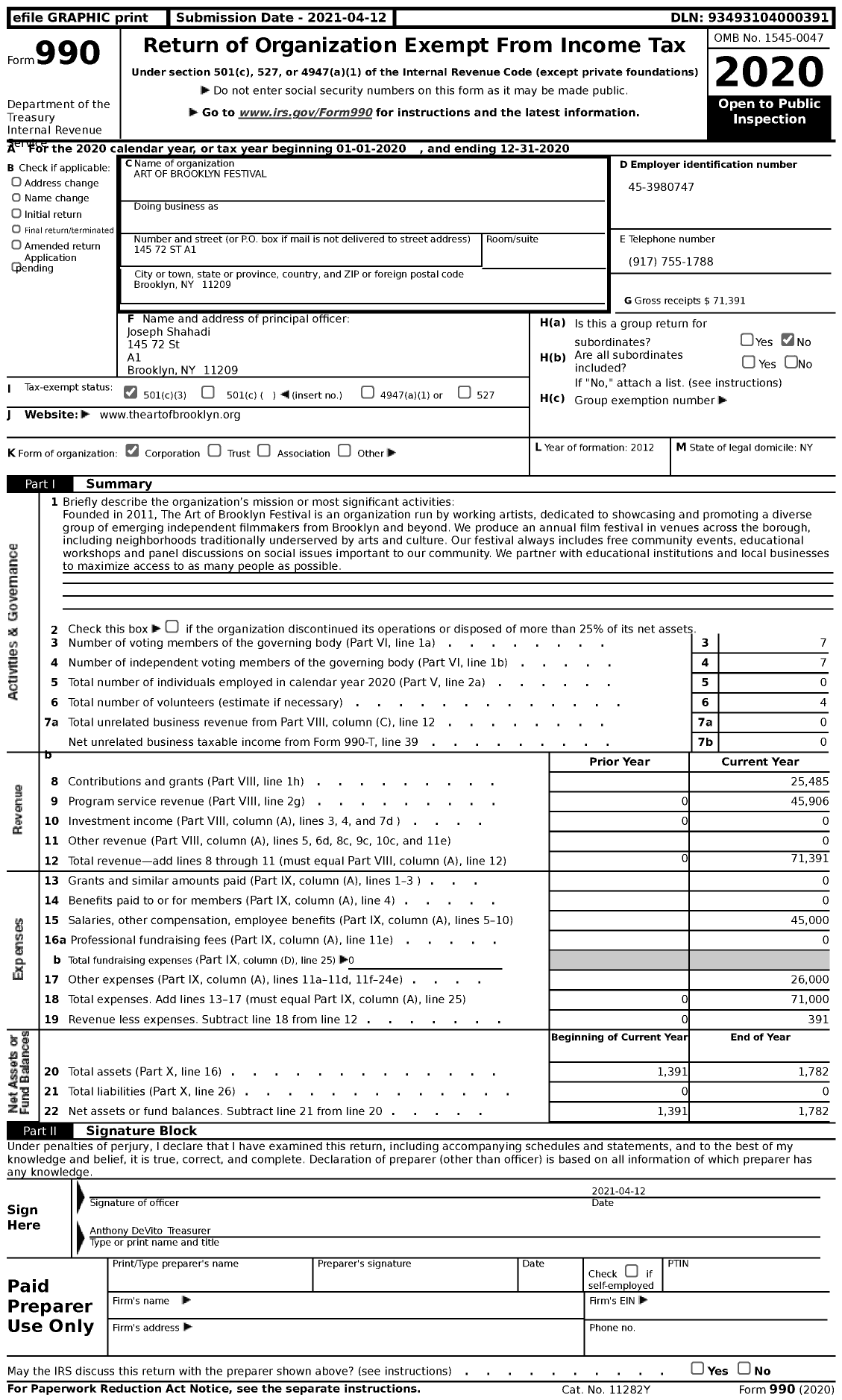 Image of first page of 2020 Form 990 for The Art of Brooklyn Festival