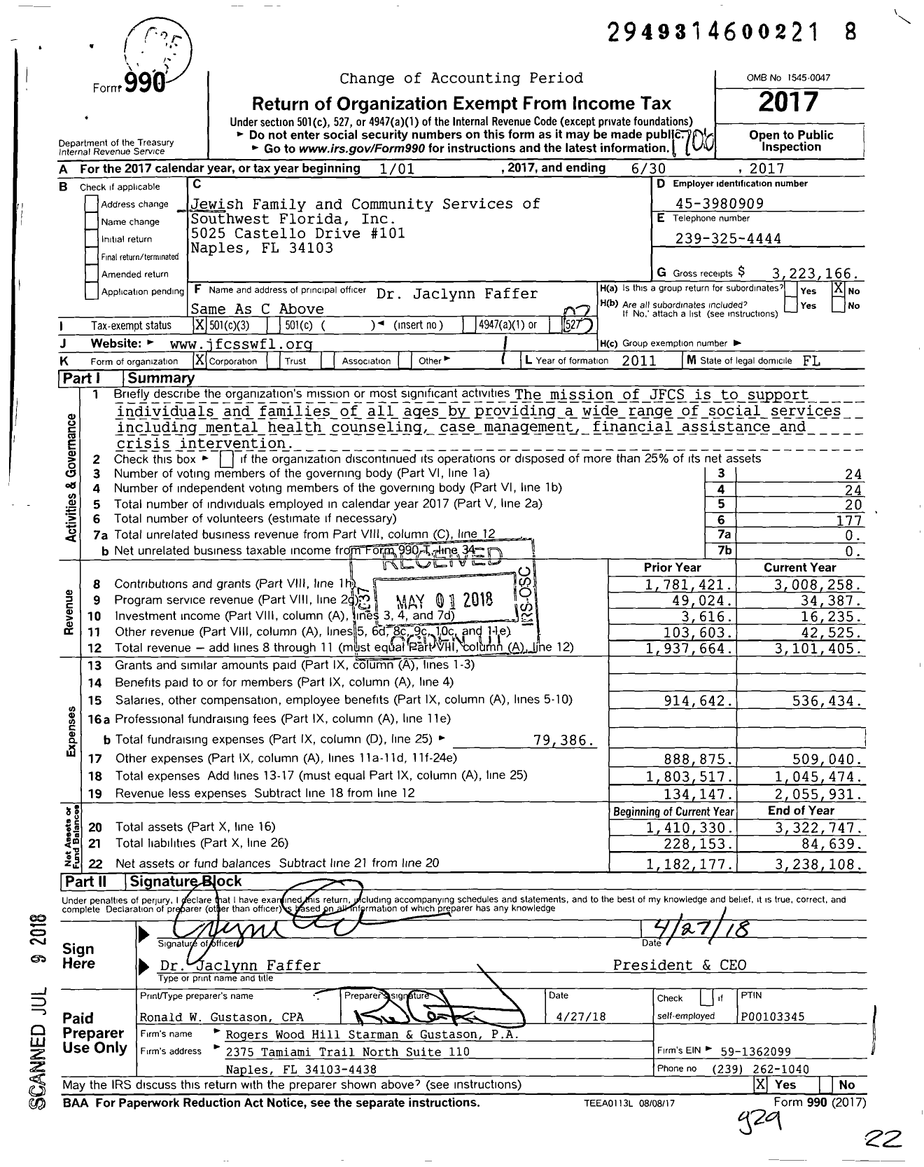 Image of first page of 2016 Form 990 for Naples Senior Center at JFCS