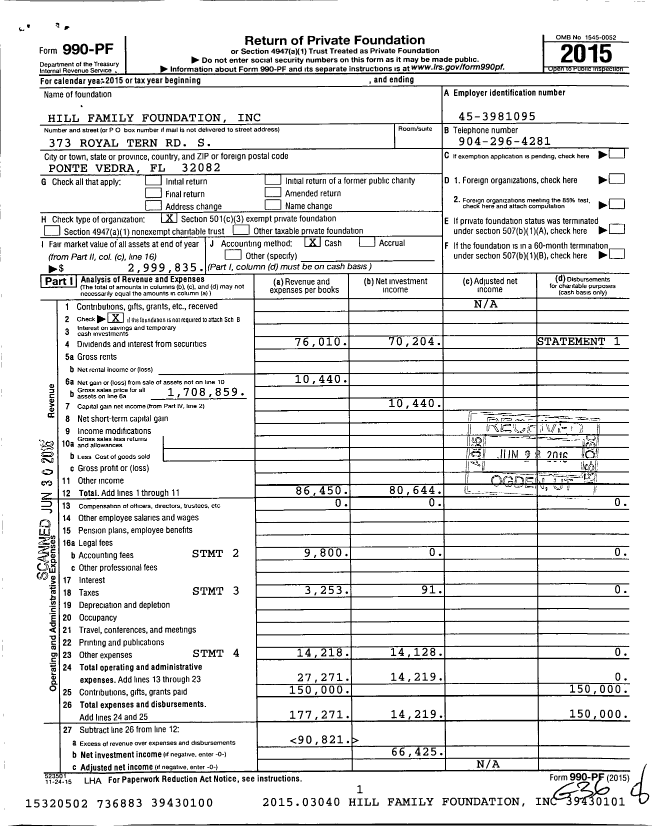 Image of first page of 2015 Form 990PF for Hill Family Foundation