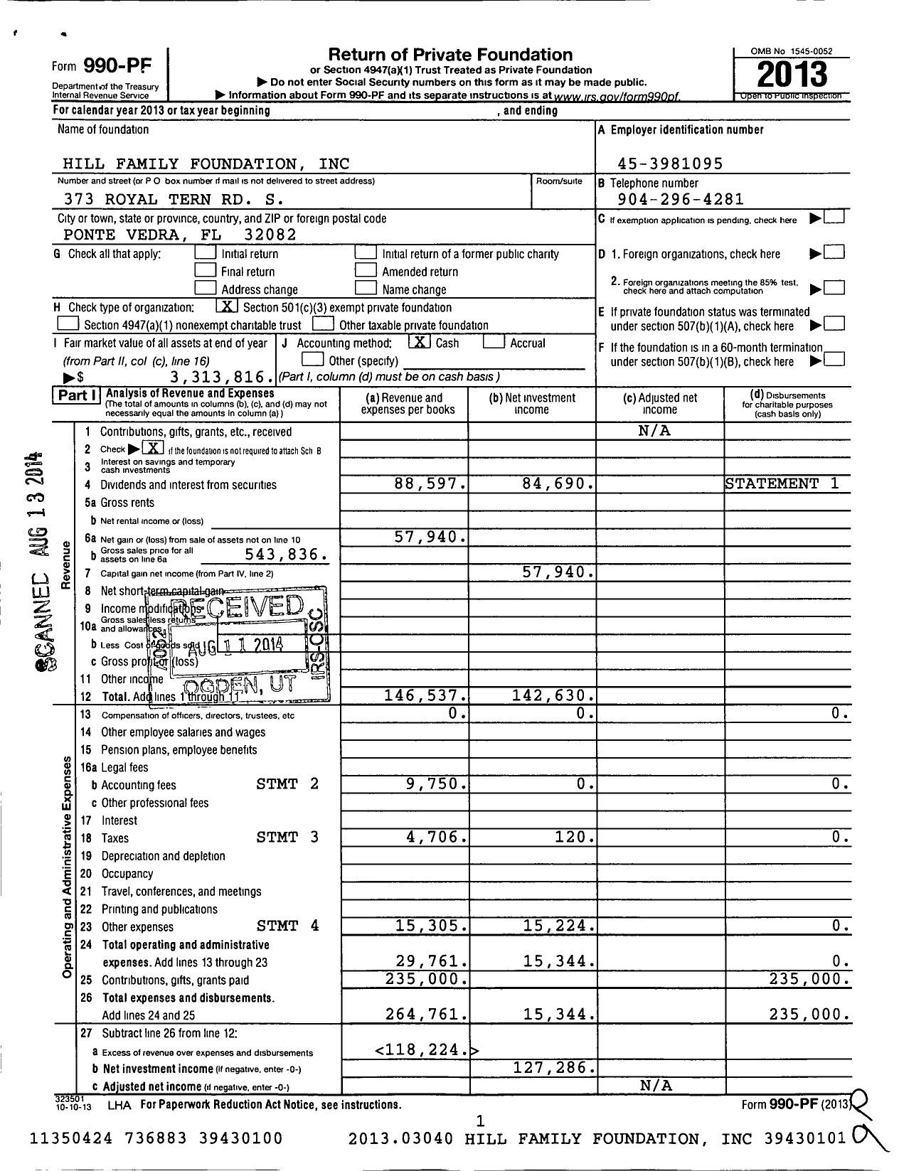 Image of first page of 2013 Form 990PF for Hill Family Foundation