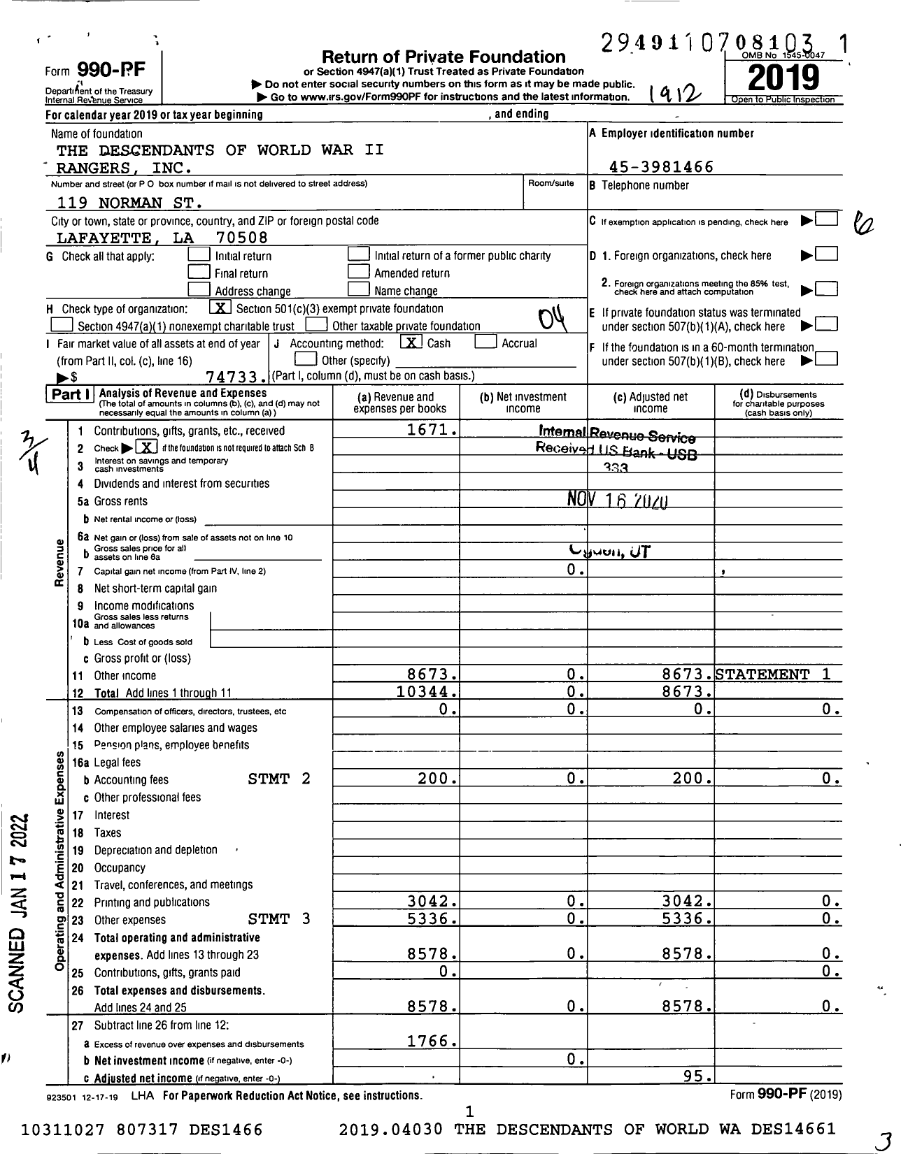 Image of first page of 2019 Form 990PF for The Descendants of World War Ii Rangers