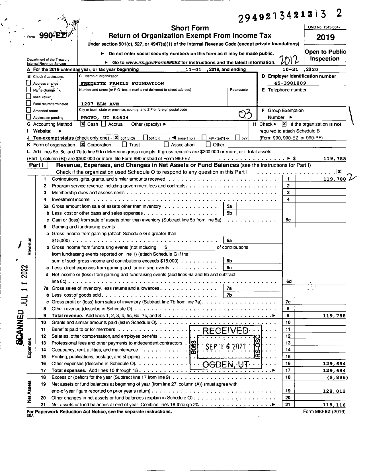 Image of first page of 2020 Form 990EZ for Fredette Family Foundation