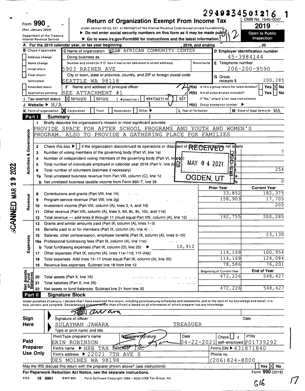 Image of first page of 2019 Form 990 for West African Community Center