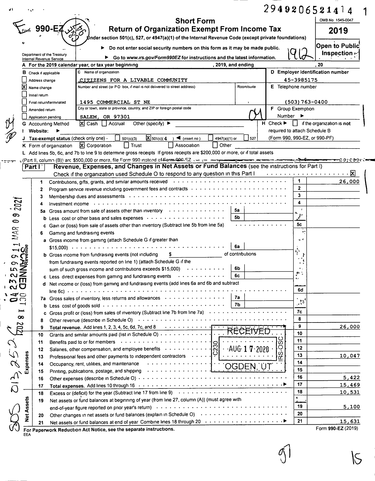 Image of first page of 2019 Form 990EO for Citizens for A Livable Community